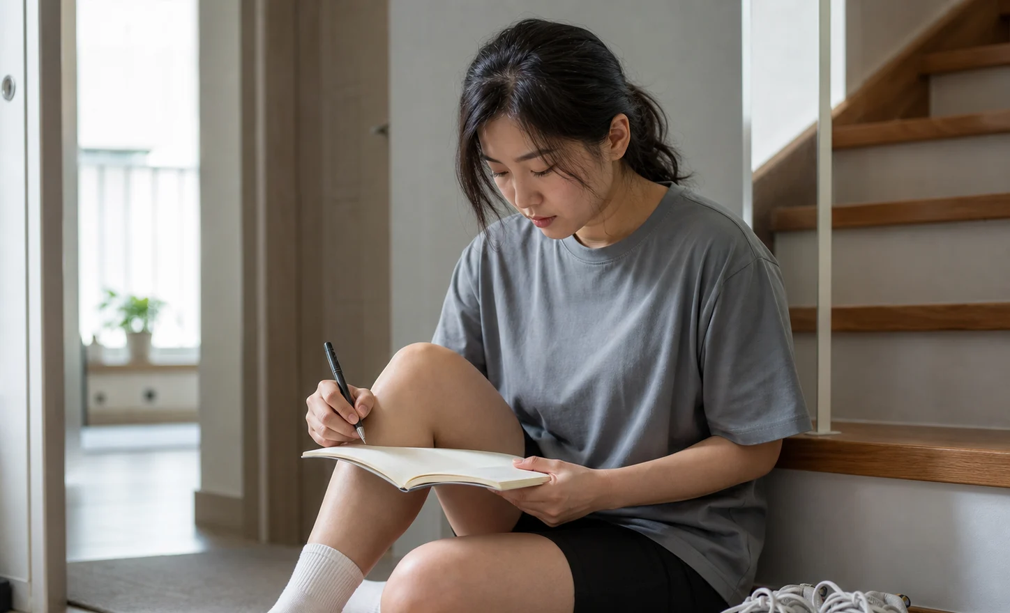반월상연골손상 환자가 집에서 무릎 통증과 계단 불편을 기록하는 장면