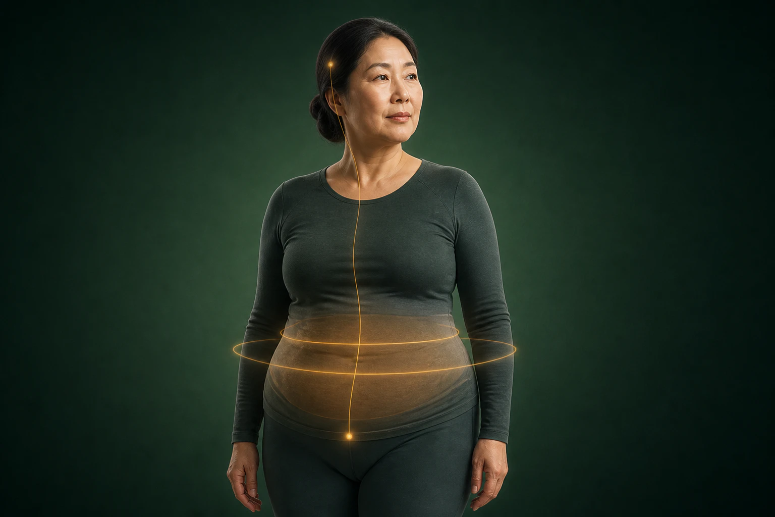 복부가 자연스럽게 불어난 실제 한국인 중년 여성에게 폐경기 대사·체온 변화를 절제된 금빛 흐름으로 표현한 모습