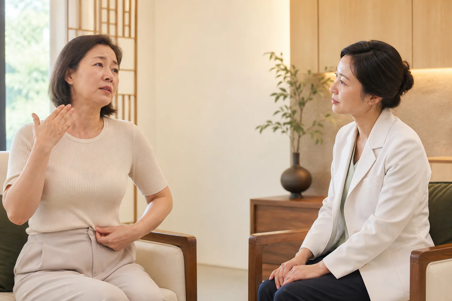 갱년기비만으로 겪는 불편을 상담하는 환자와 의료진