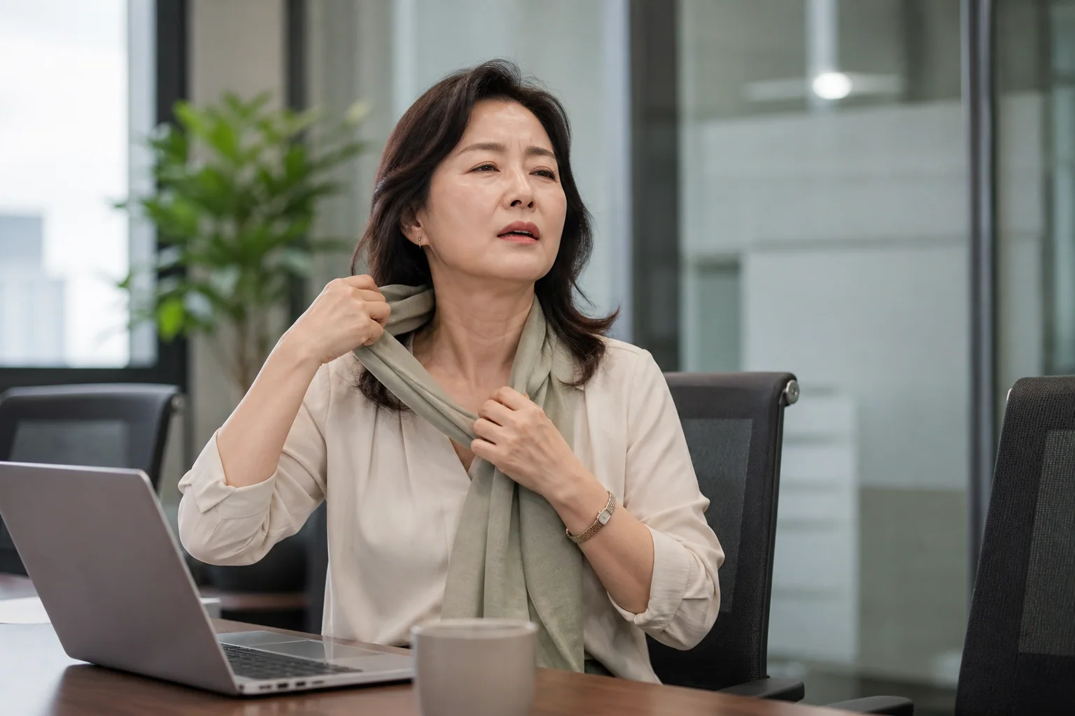 폐경기 열감과 식은땀이 갑자기 오른 한국인 여성 한 명이 사무실 회의 중 말을 멈추고 목을 식히는 생활 장면