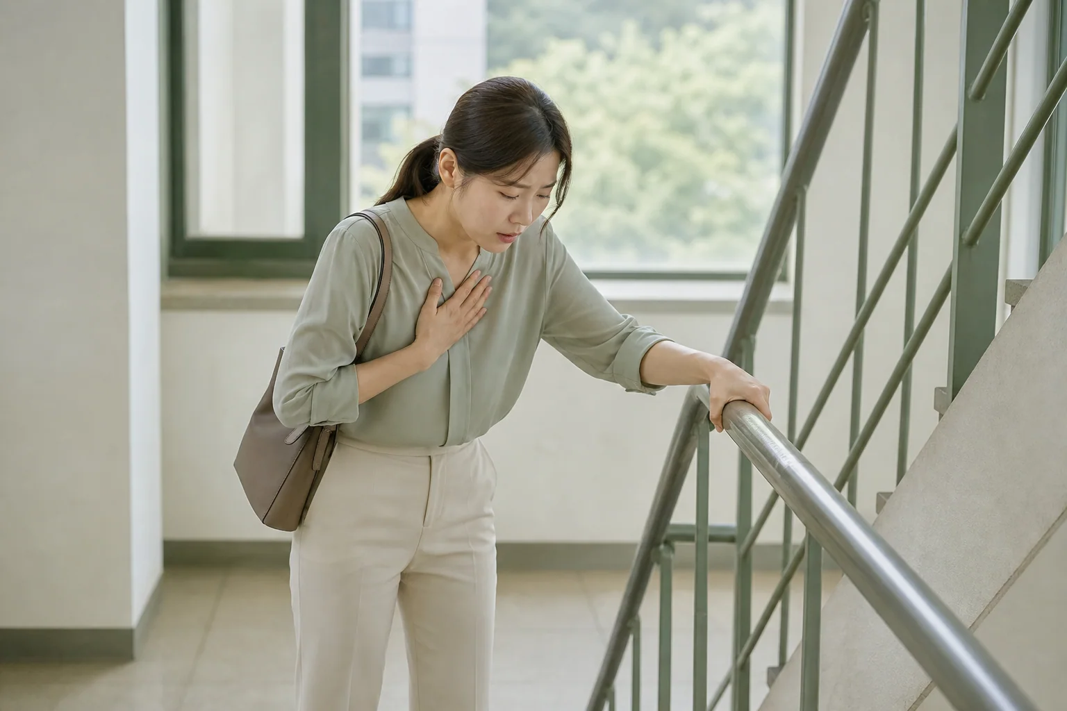 계단에서 난간을 잡고 가슴 쪽에 손을 댄 채 잠시 멈춘 여성