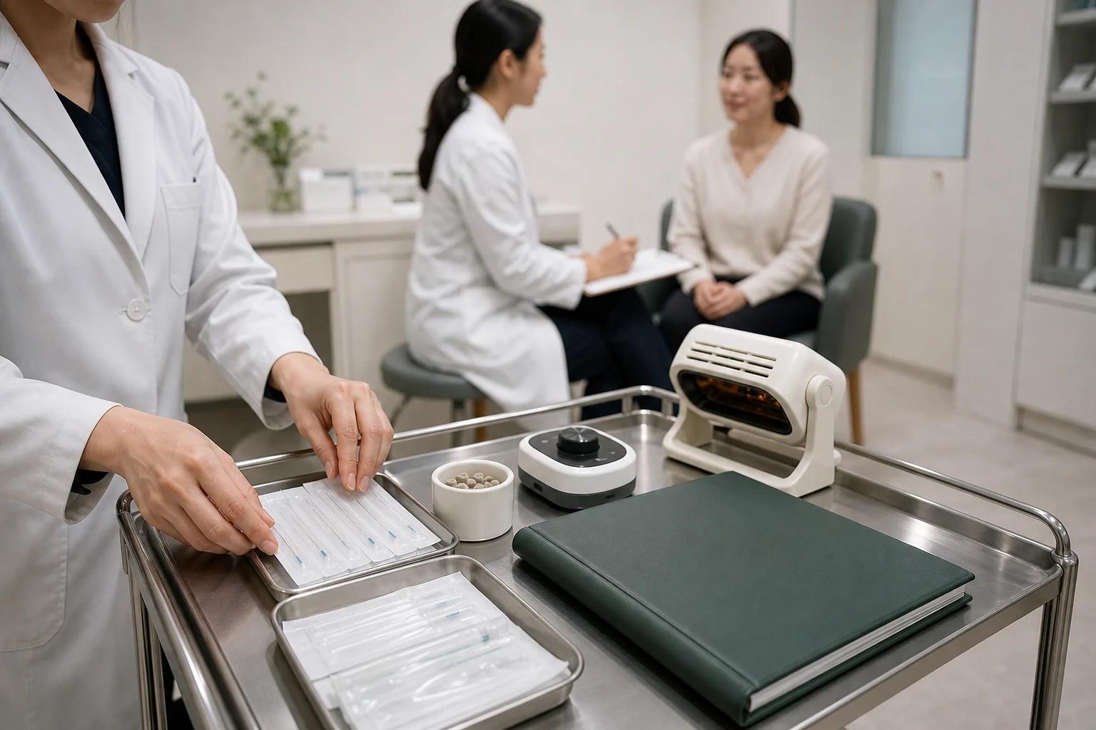 월경과다 진료 흐름에서 침 치료 도구와 온열 장비, 치료계획표가 준비된 국내 한의원 치료환경