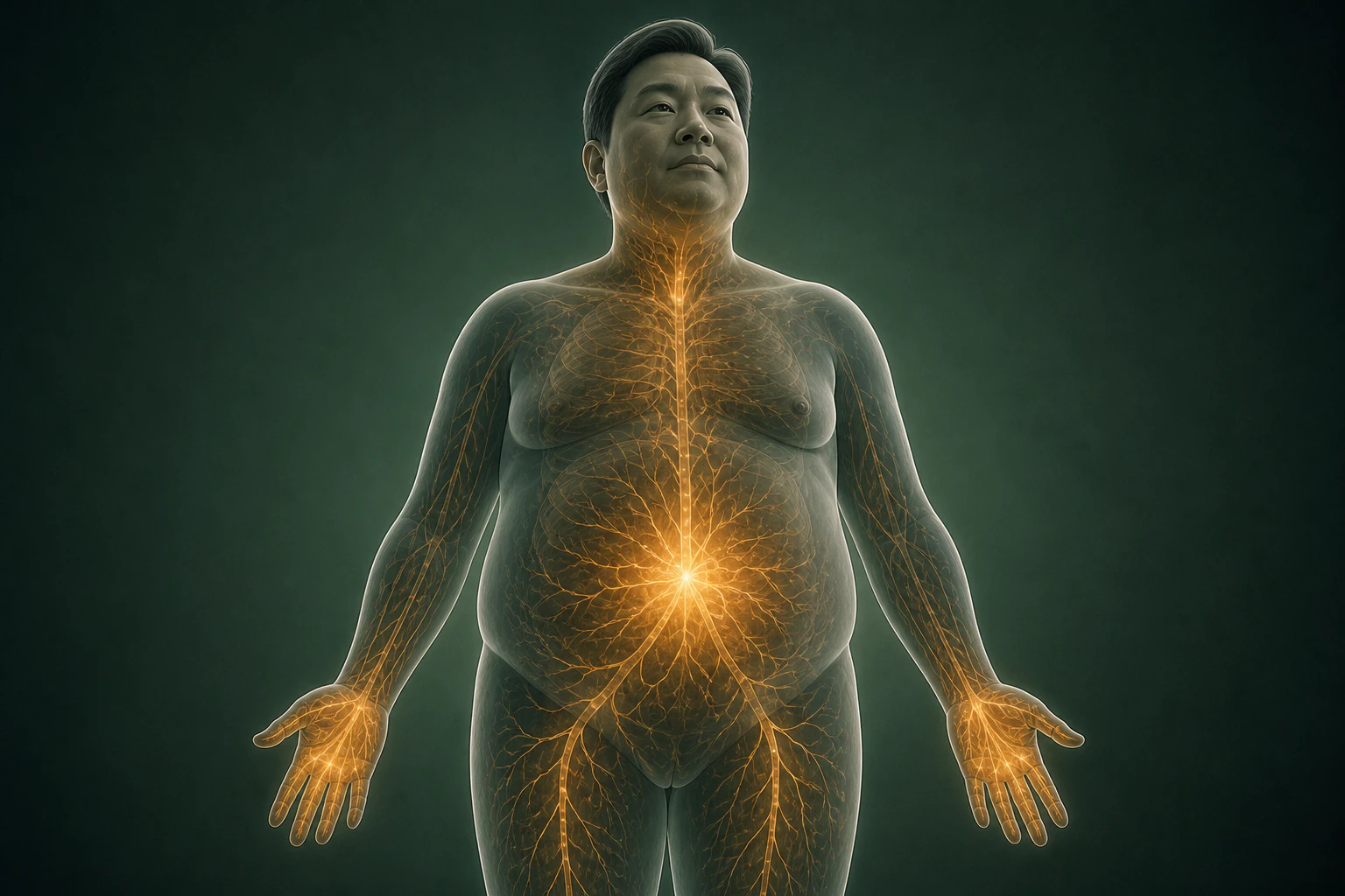 반투명한 비만 체형 인체의 복부에서 목·양손·다리로 금빛 온기가 퍼지는 열의 흐름