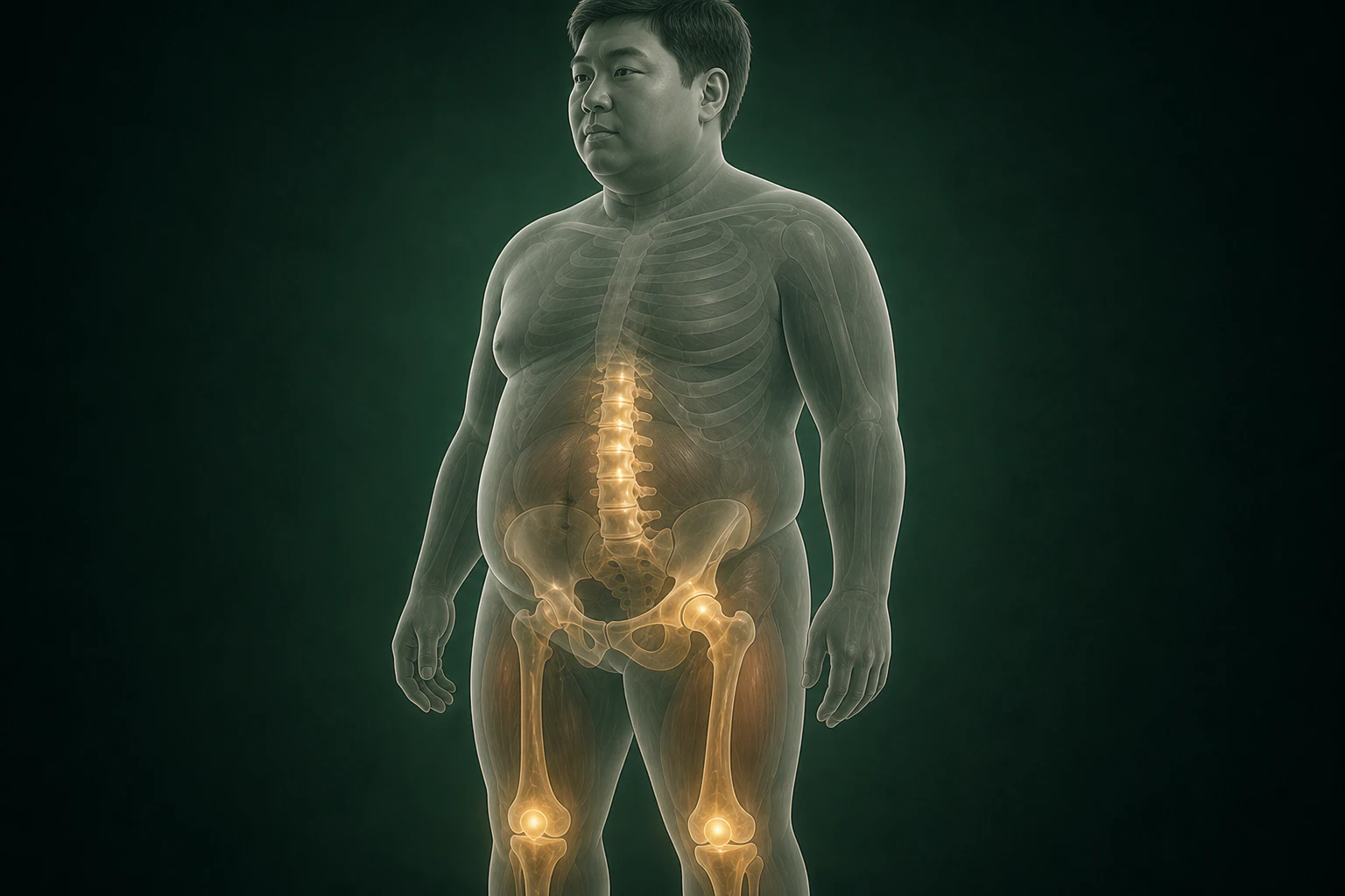 반투명한 비만 체형 인체 안의 척추·골반·고관절·무릎을 금빛으로 보여 주는 구조의 흐름