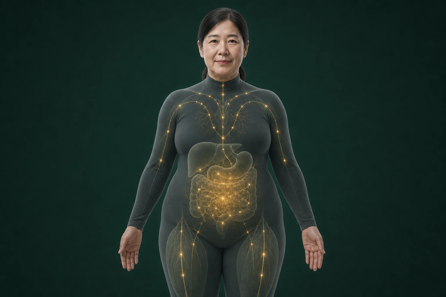 실제 한국인 중년 여성의 간·위·장과 복부 대사가 전신 근육으로 이어지는 금빛 대사망을 보여 주는 모습