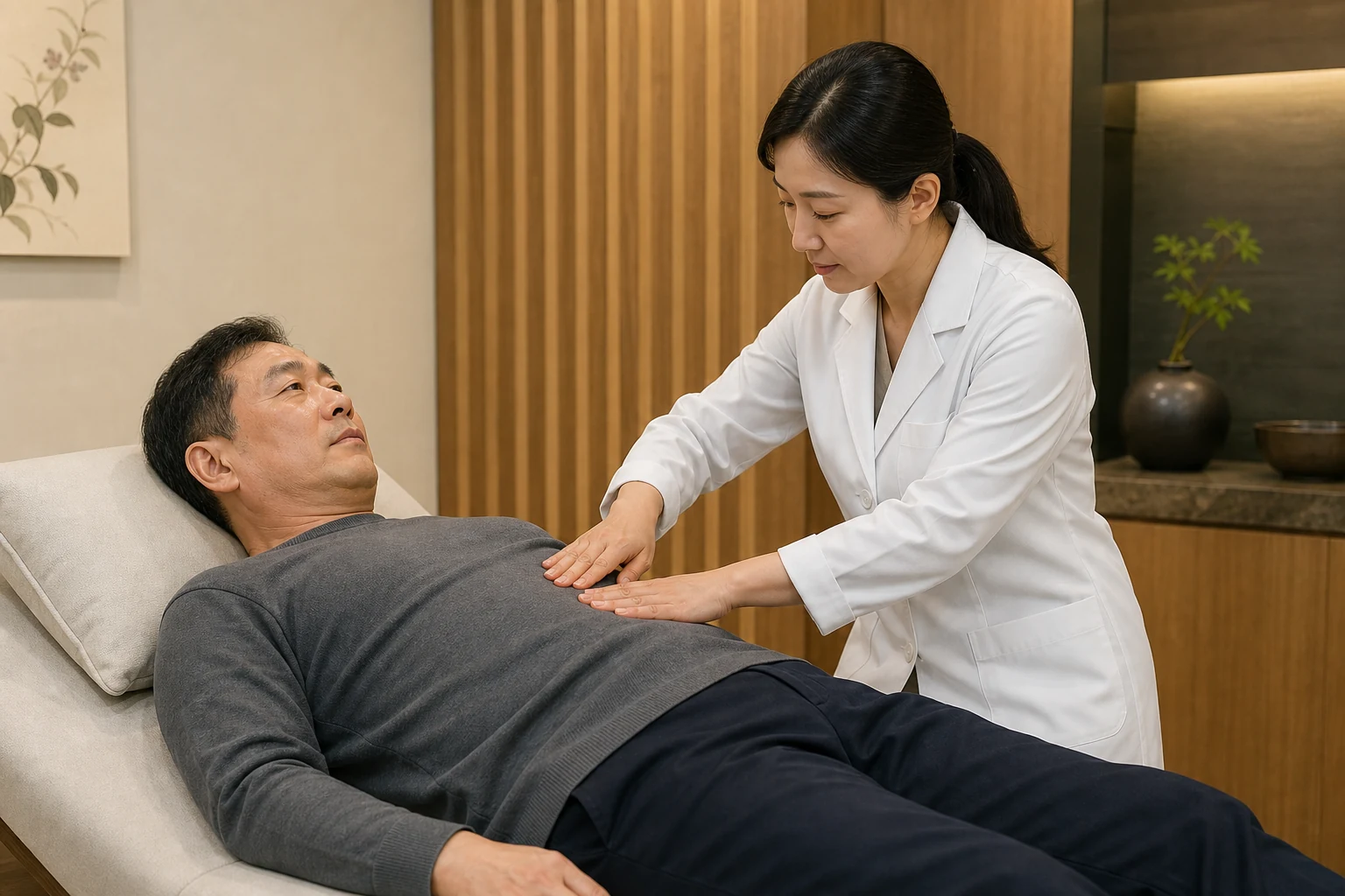 의료진이 누운 환자의 복부를 손으로 진찰하는 장면