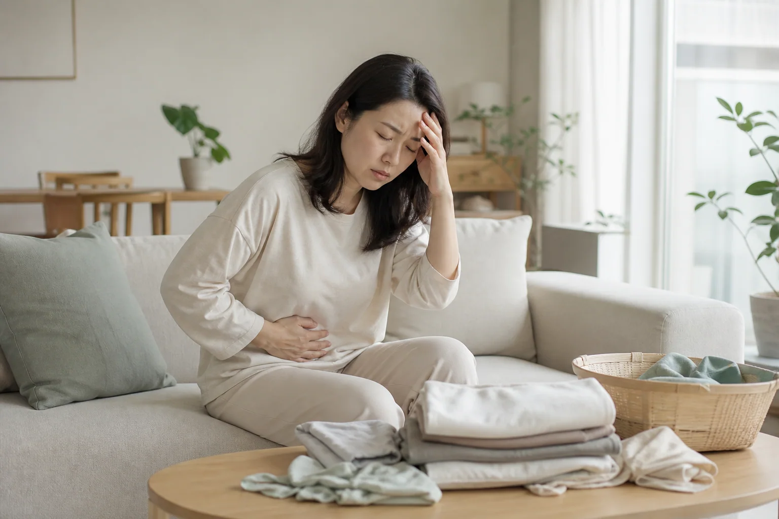 계류유산 치료 뒤 한국인 여성 한 명이 집에서 빨래를 개다 아랫배 불편과 어지럼·피로 때문에 소파에 앉아 쉬는 생활 장면