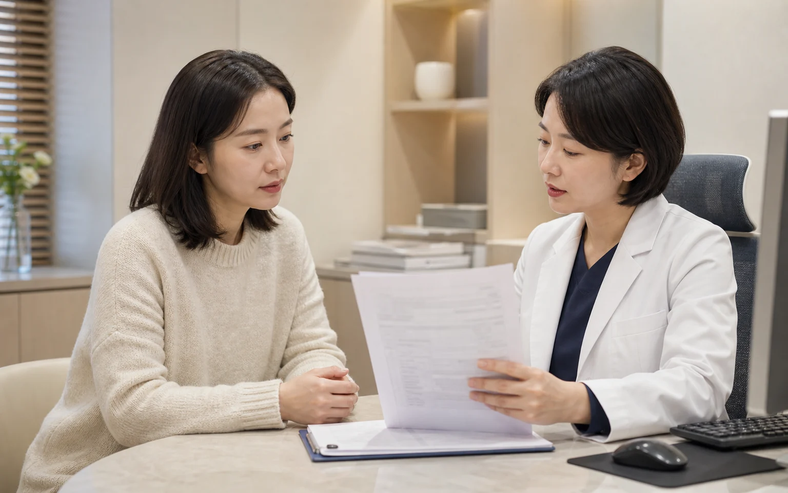 계류유산후조리 상담에서 한국인 여성 환자가 초음파 추적 기록과 현재 회복 증상을 설명하는 장면