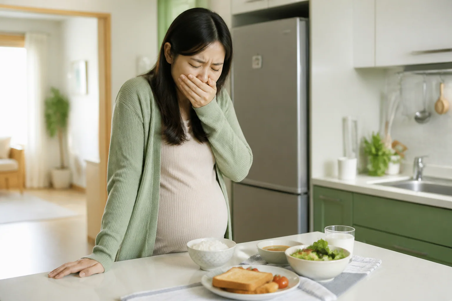 입덧으로 음식 냄새를 견디기 어려운 한국인 임신부 한 명이 아침 식사를 시작하지 못하고 주방에서 멈춘 생활 장면