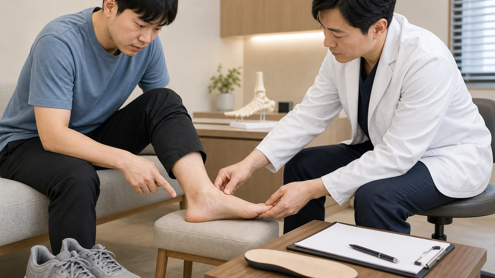 지간신경종 진료에서 발 앞꿈치와 발가락 사이 압통을 확인하는 한국 한의원 진찰 장면