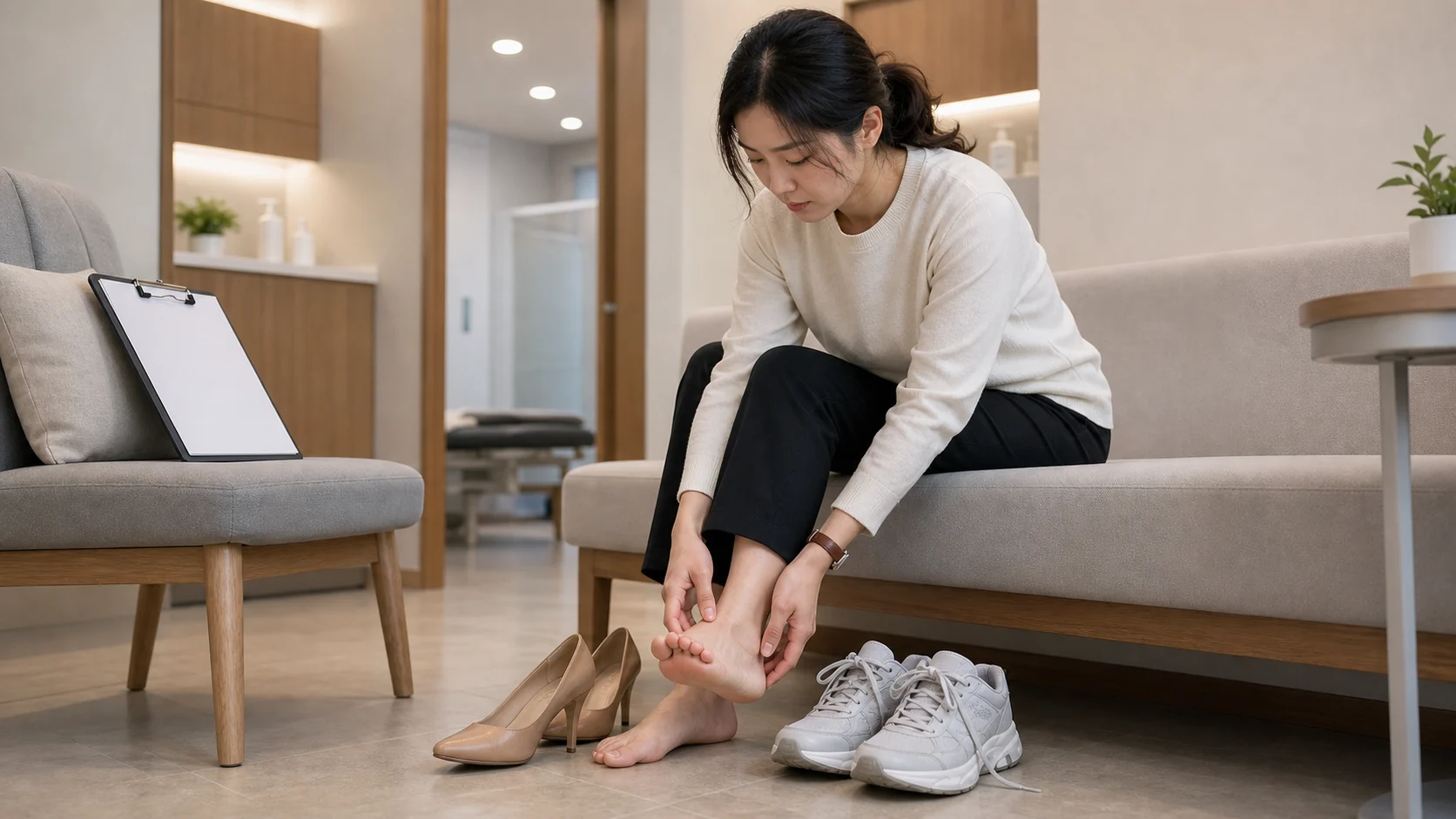 지간신경종으로 발 앞꿈치 통증과 신발 착용 불편을 상담하는 한국 한의원 진료실 장면