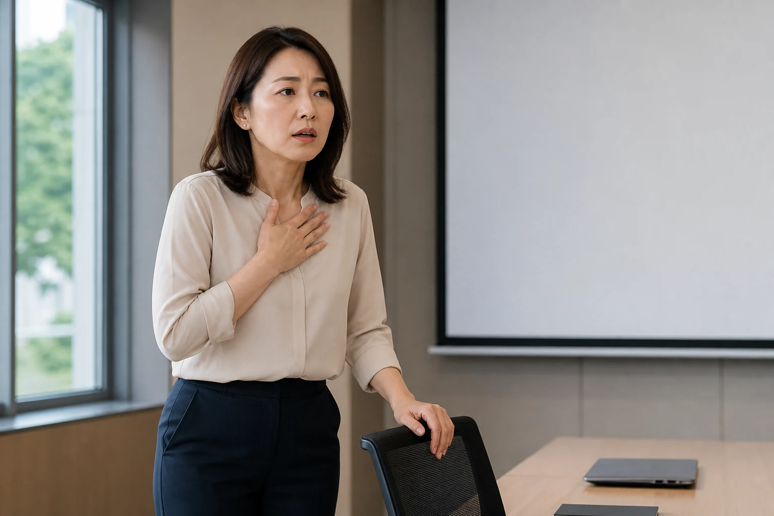 신경성 호흡곤란 진료 전 증상과 검사·기록을 확인하는 장면