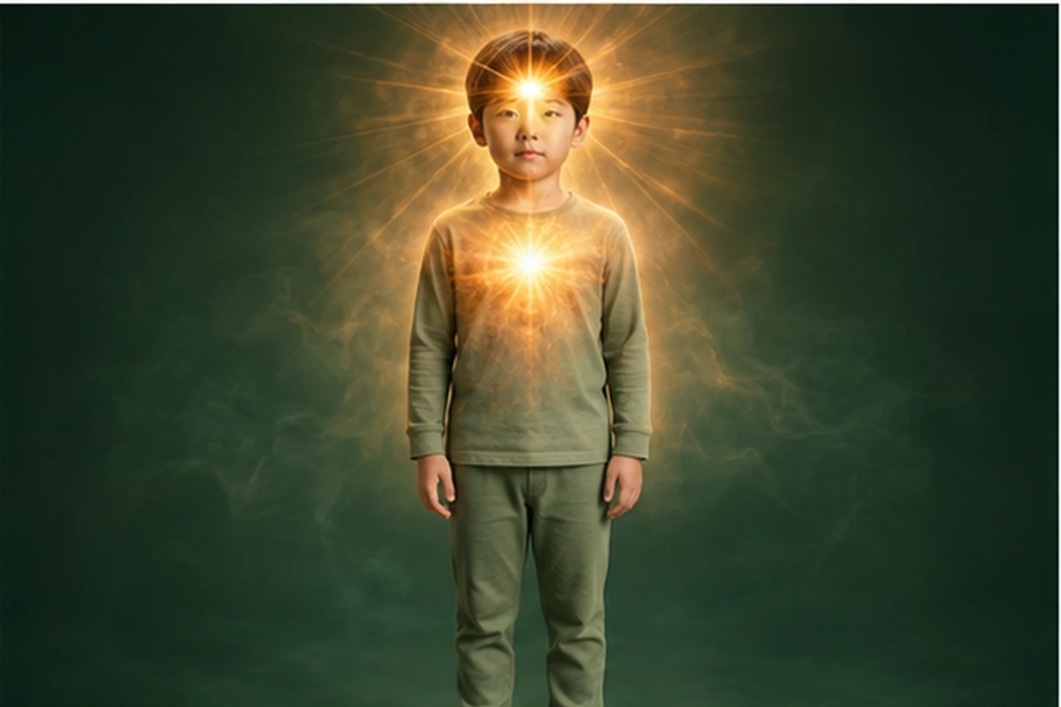 소아야경증 아이의 머리부터 발끝까지 온전한 인체 형태에서 열의 흐름을 선명한 황금빛으로 보여 주는 담적병 골든셋 교육 이미지