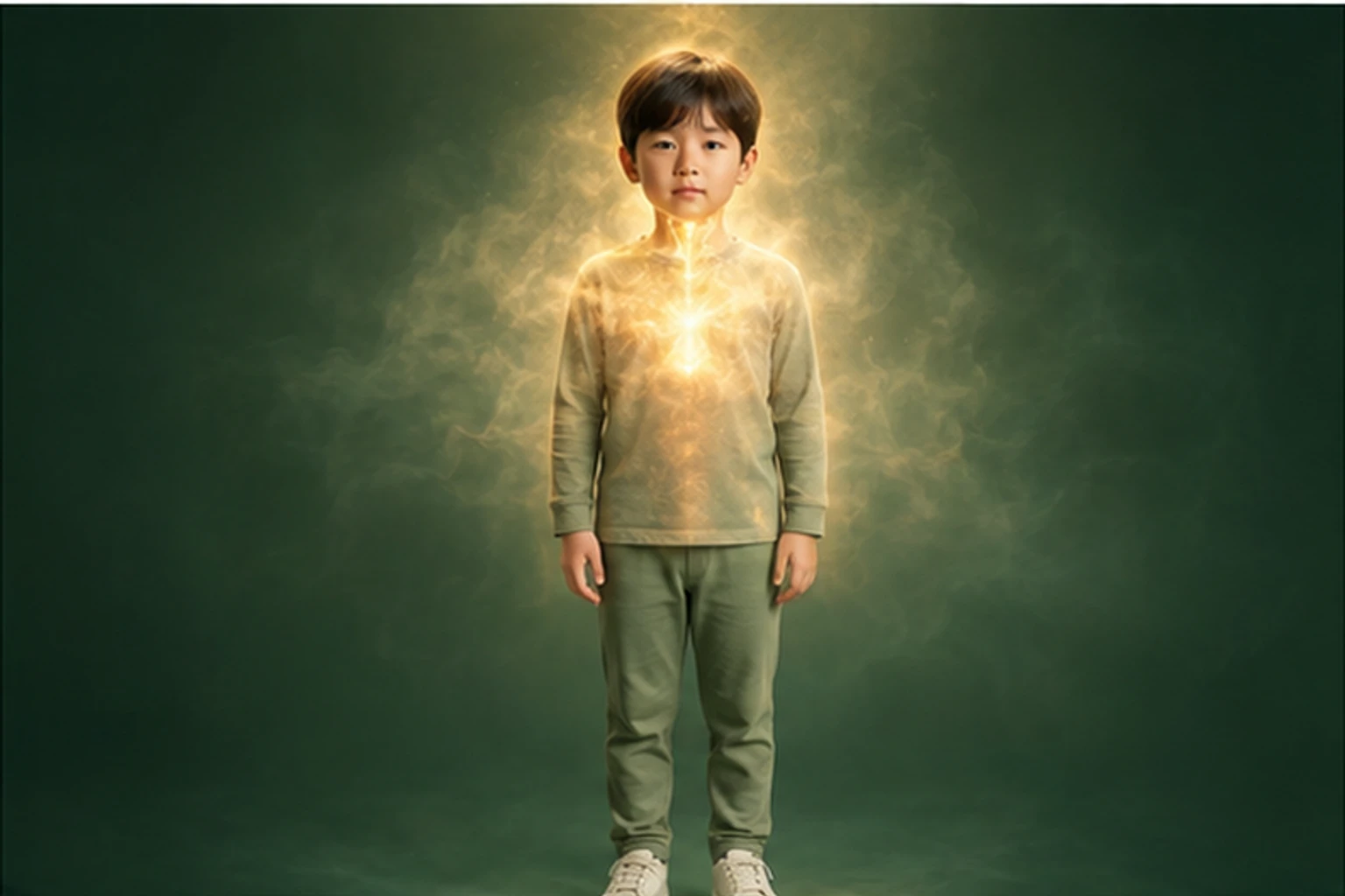 소아야경증 아이의 머리부터 발끝까지 온전한 인체 형태에서 물질의 흐름을 선명한 황금빛으로 보여 주는 담적병 골든셋 교육 이미지
