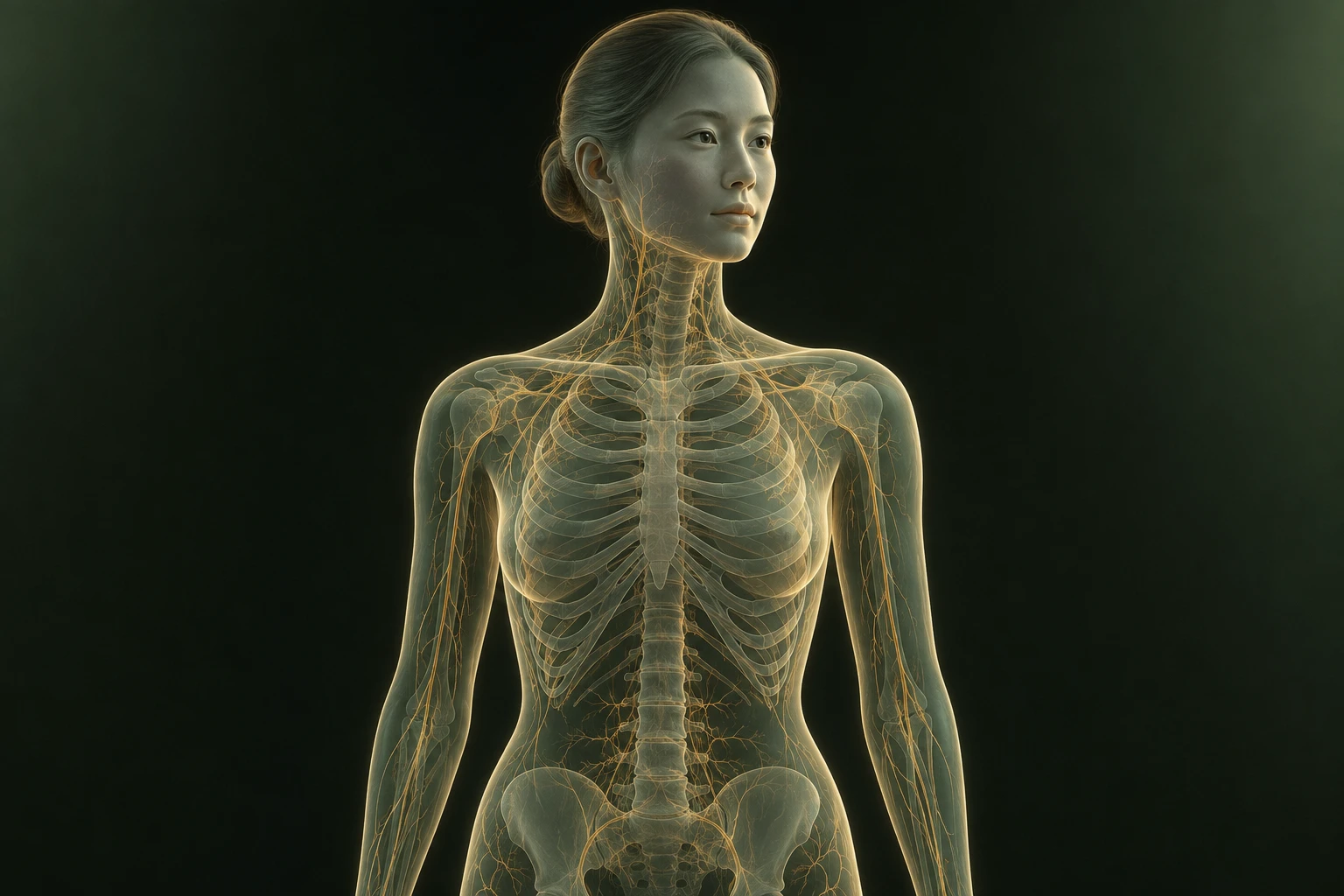 반투명 여성 인체의 골격과 피부 가까이의 신경·미세혈관 경로를 함께 표현한 순환치료 구성 이해용 이미지