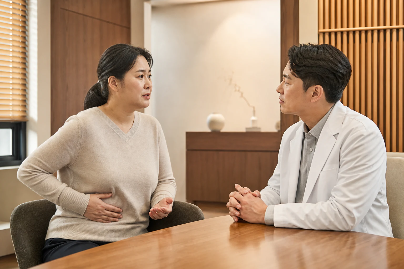 비알코올성지방간으로 겪는 불편을 상담하는 환자와 의료진