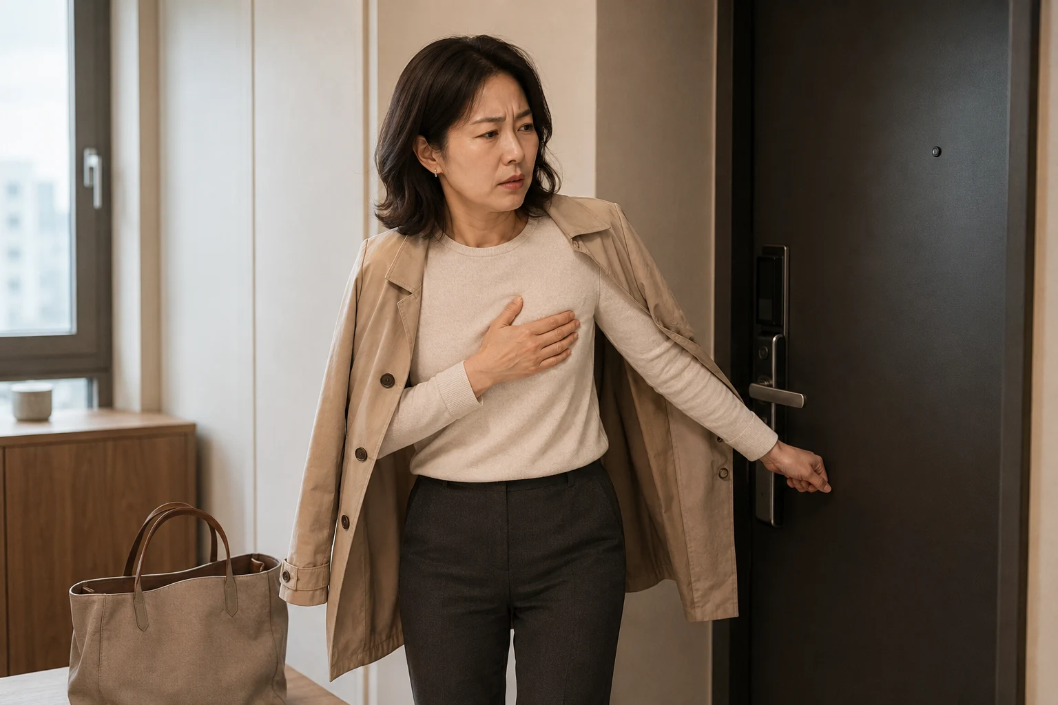 출근 준비 중 현관에서 멈춰 한쪽 앞가슴 갈비뼈 부위를 짚고 불편한 표정을 짓는 한국인 성인