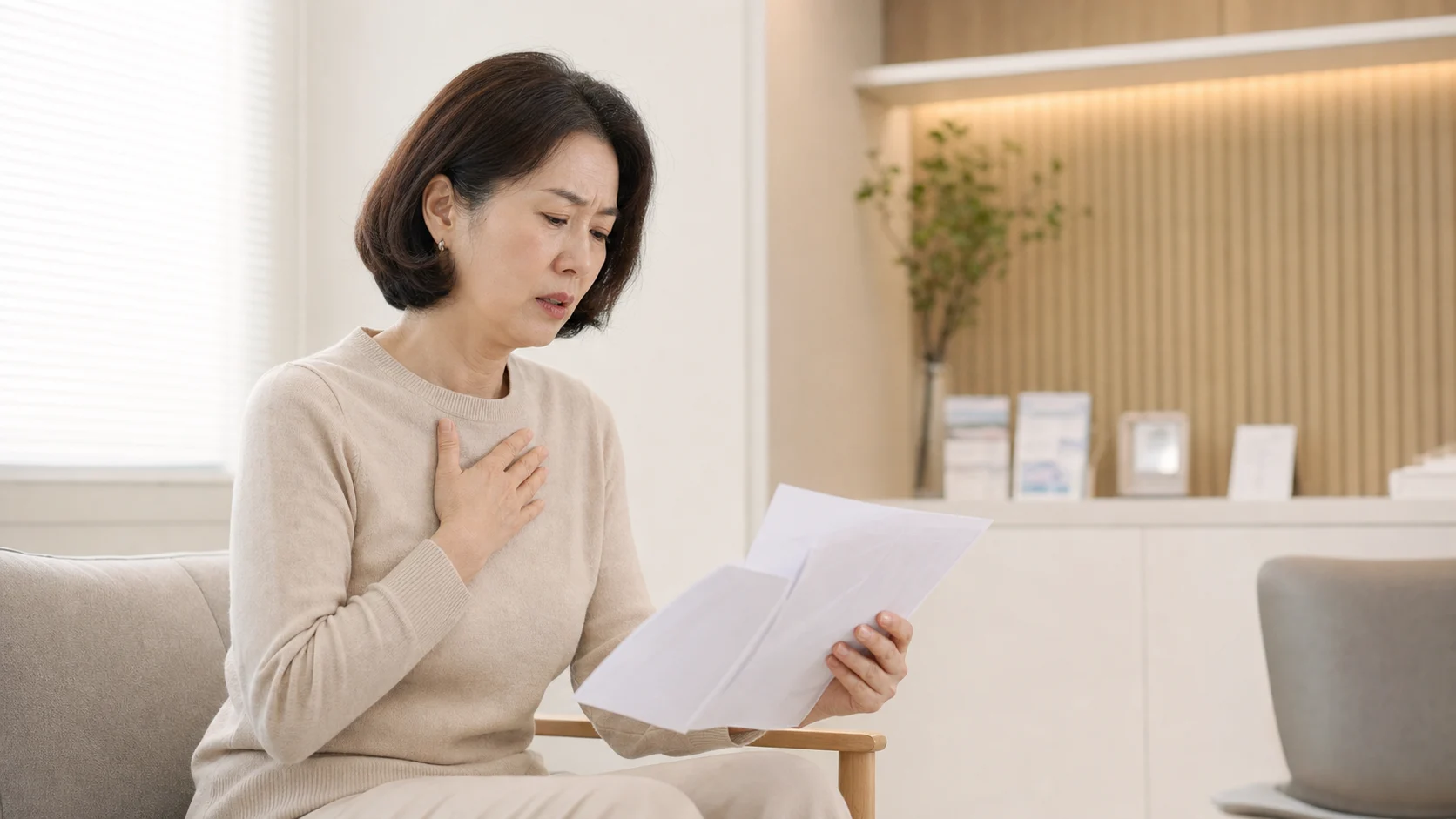 검사 자료를 들고 반복되는 가슴 답답함을 상담하려는 한국인 환자
