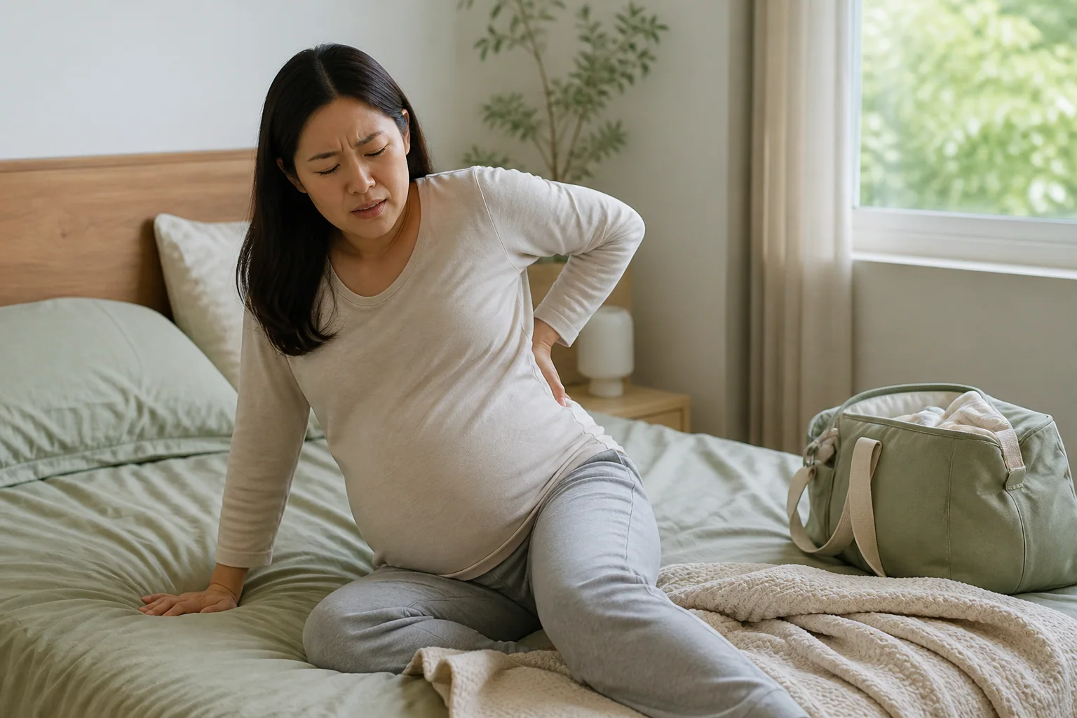 자연분만을 앞두고 허리·골반 불편을 겪는 한국인 만삭 임신부 한 명이 침대에서 돌아눕고 일어나는 동작을 멈춘 생활 장면
