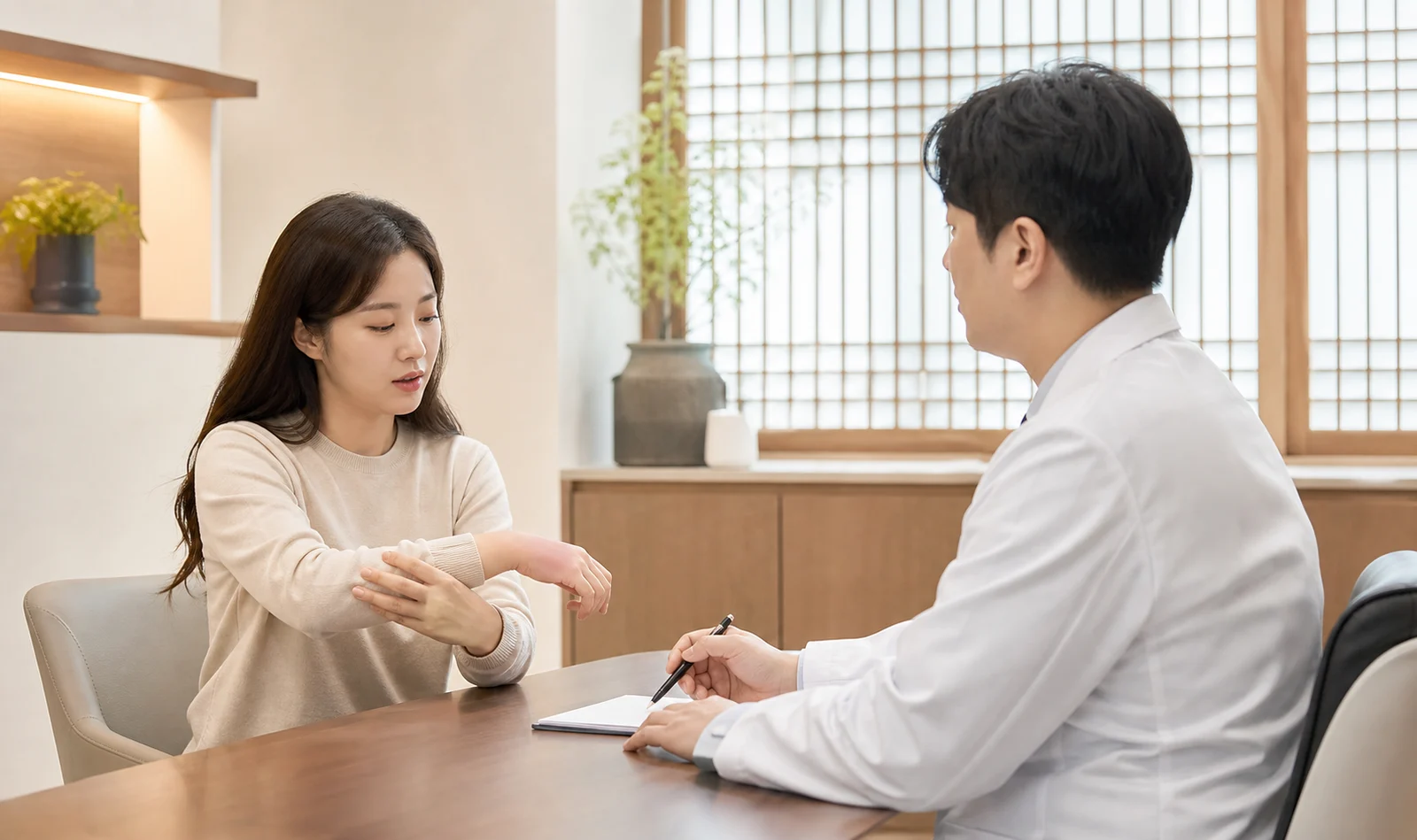 한국인 환자가 국내 한의원 진료실에서 화폐상습진 가려움과 반복 발진을 상담하는 장면