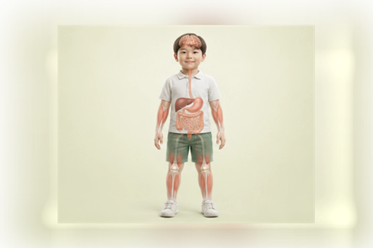 소아비만과 관련된 신체 부위를 머리부터 발끝까지 온전히 보이는 아이 위에 밝고 친근하게 보여 주는 소아 서양의학 교육 이미지