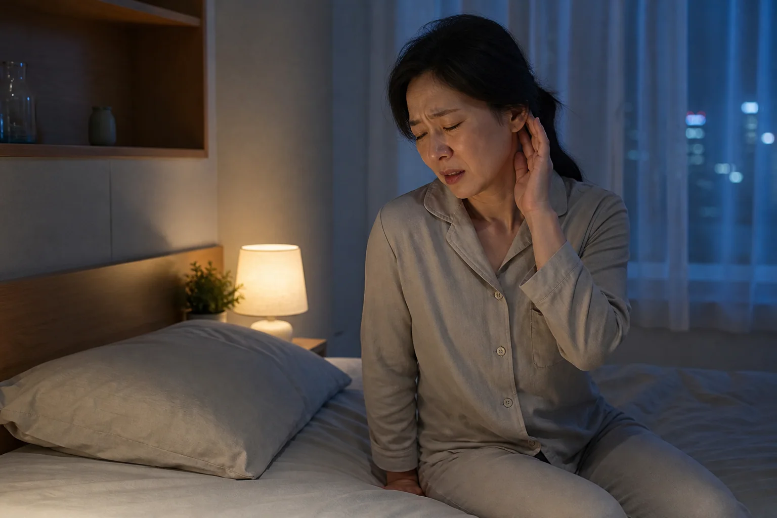 베개가 뒤통수에 닿을 때 전기 같은 통증이 생기는 한국인 여성 한 명이 밤에 눕지 못하고 잠을 멈춘 생활 장면