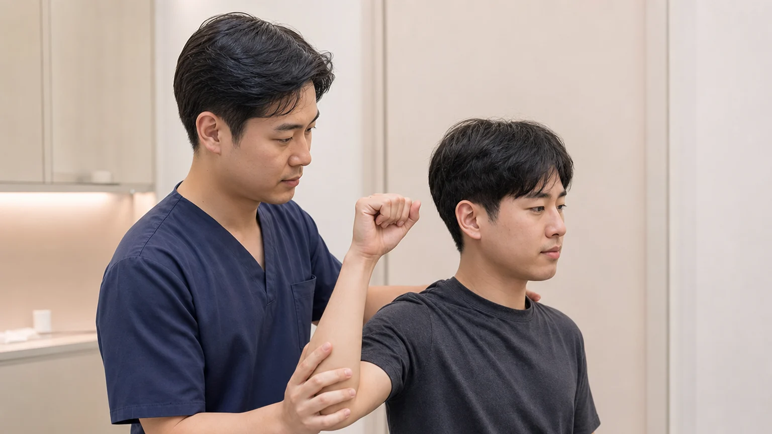 한국인 주두점액낭염 환자가 국내 한의원 진료실에서 팔꿈치 끝 부종과 압박 통증을 의료진에게 설명하는 장면