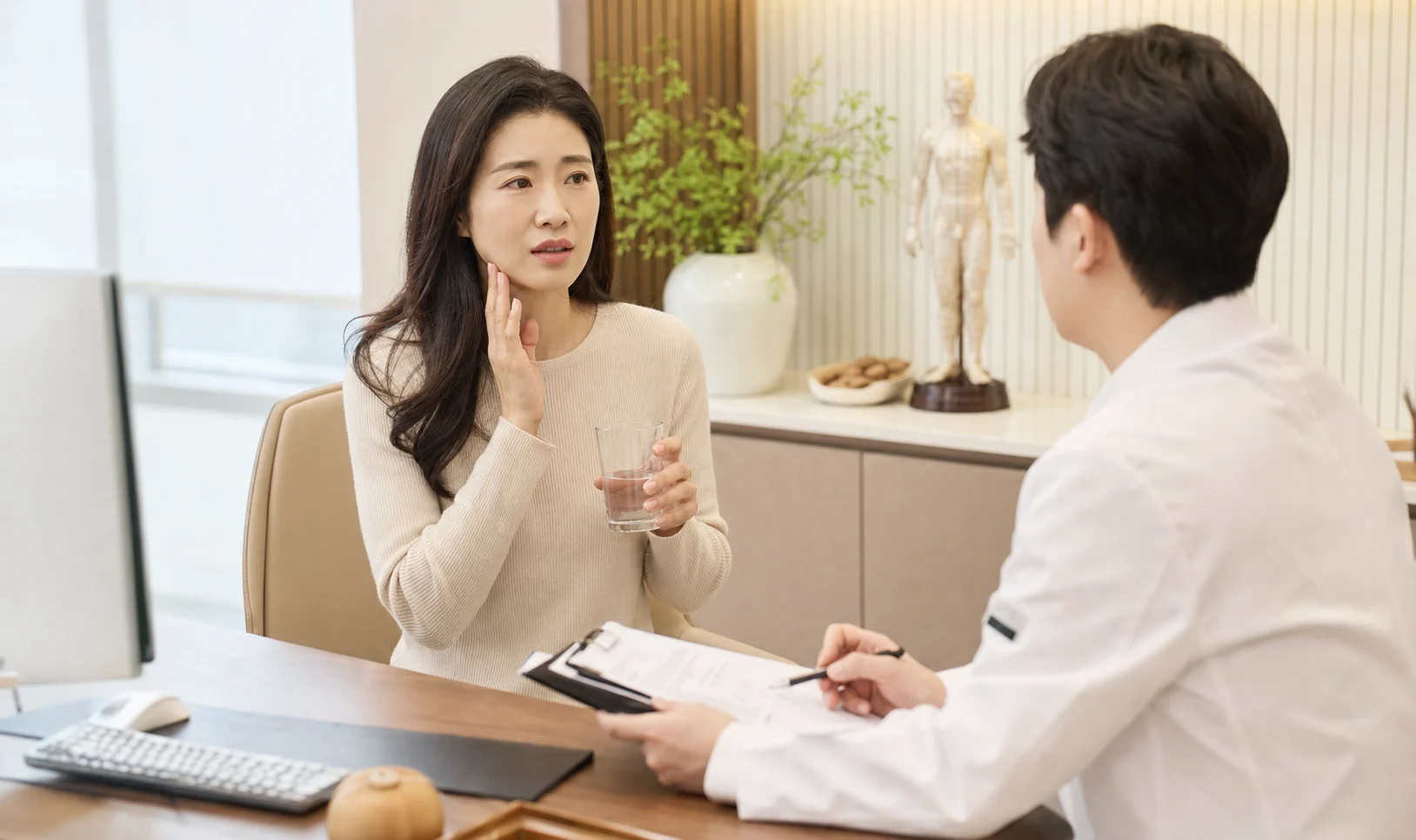 구강 편평태선 환자가 입안 통증과 식사 불편을 의료진에게 상담하는 밝은 한의원 진료실 장면