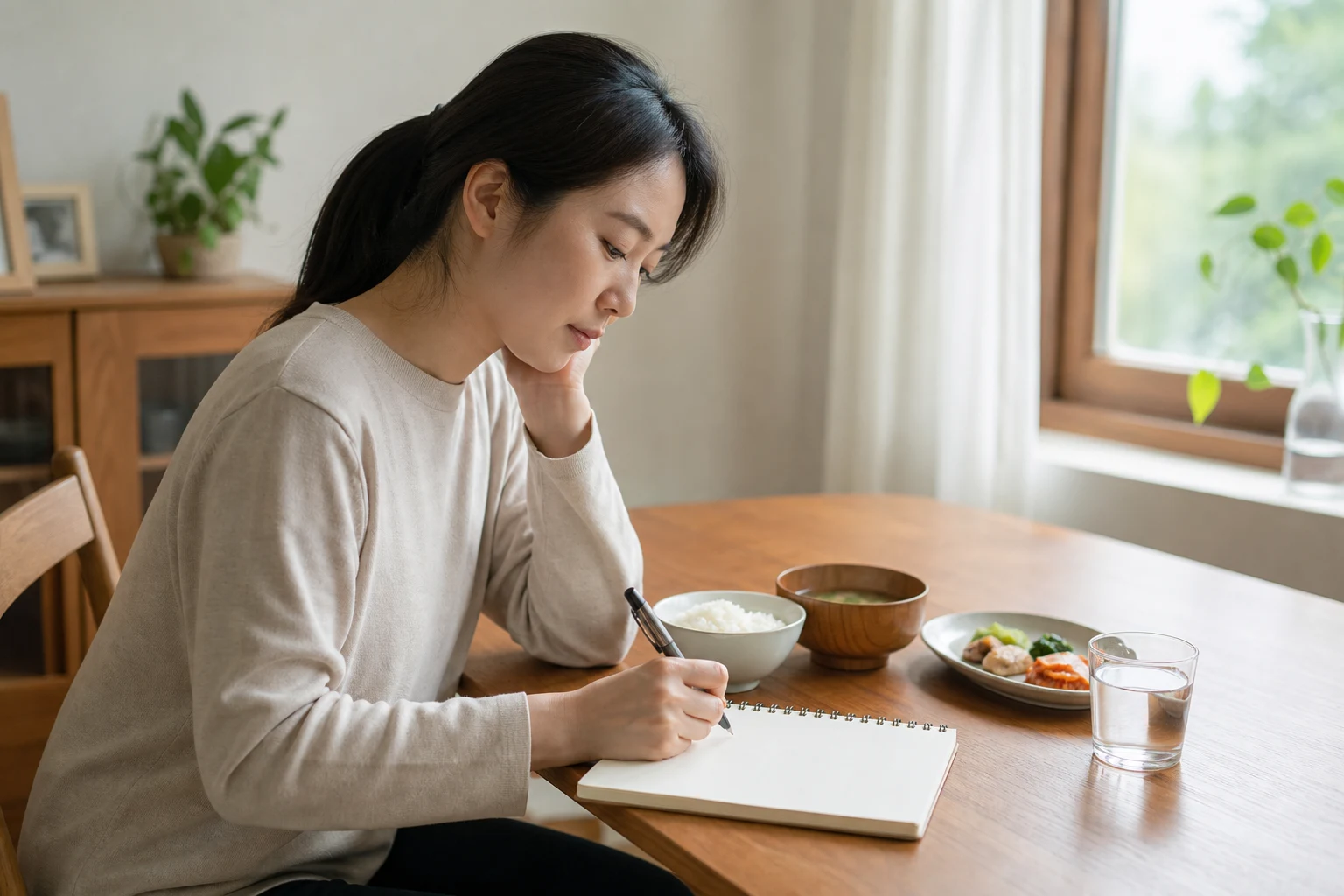 구강 편평태선 환자가 식사 후 입안 따가움과 자극 요인을 생활 기록으로 적는 장면