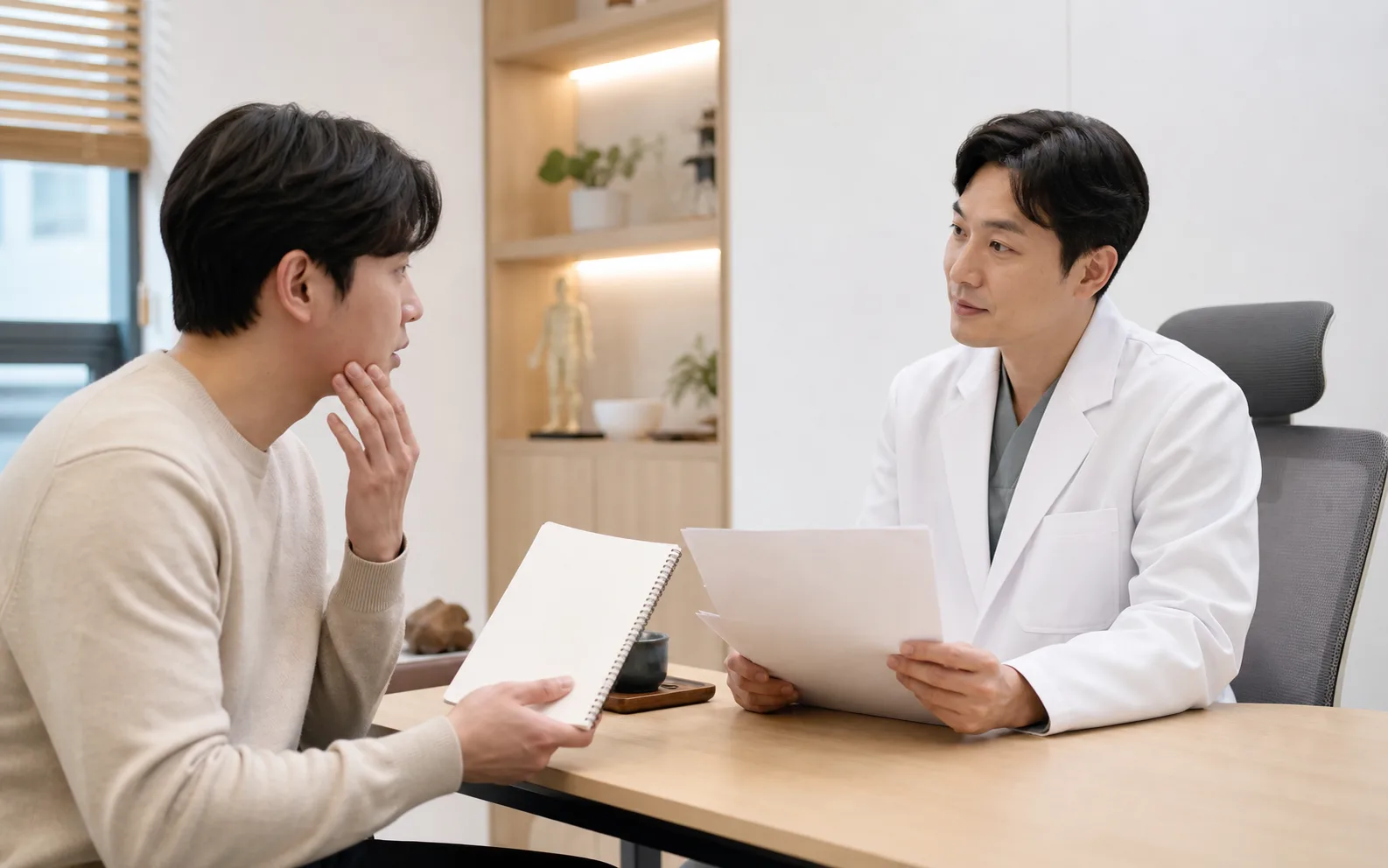 구강궤양 환자가 입안 통증과 식사 불편, 치과·이비인후과 기록을 의료진과 상담하는 밝은 한의원 진료실 장면