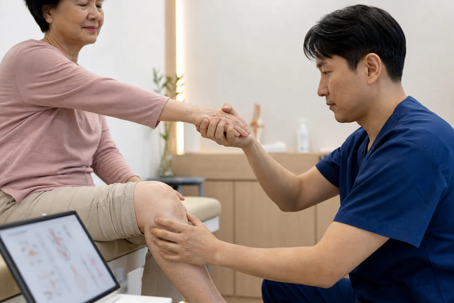 퇴행성 관절염 진료 체크포인트에서 한국인 환자의 무릎과 손 관절 움직임을 확인하는 국내 진료실 장면