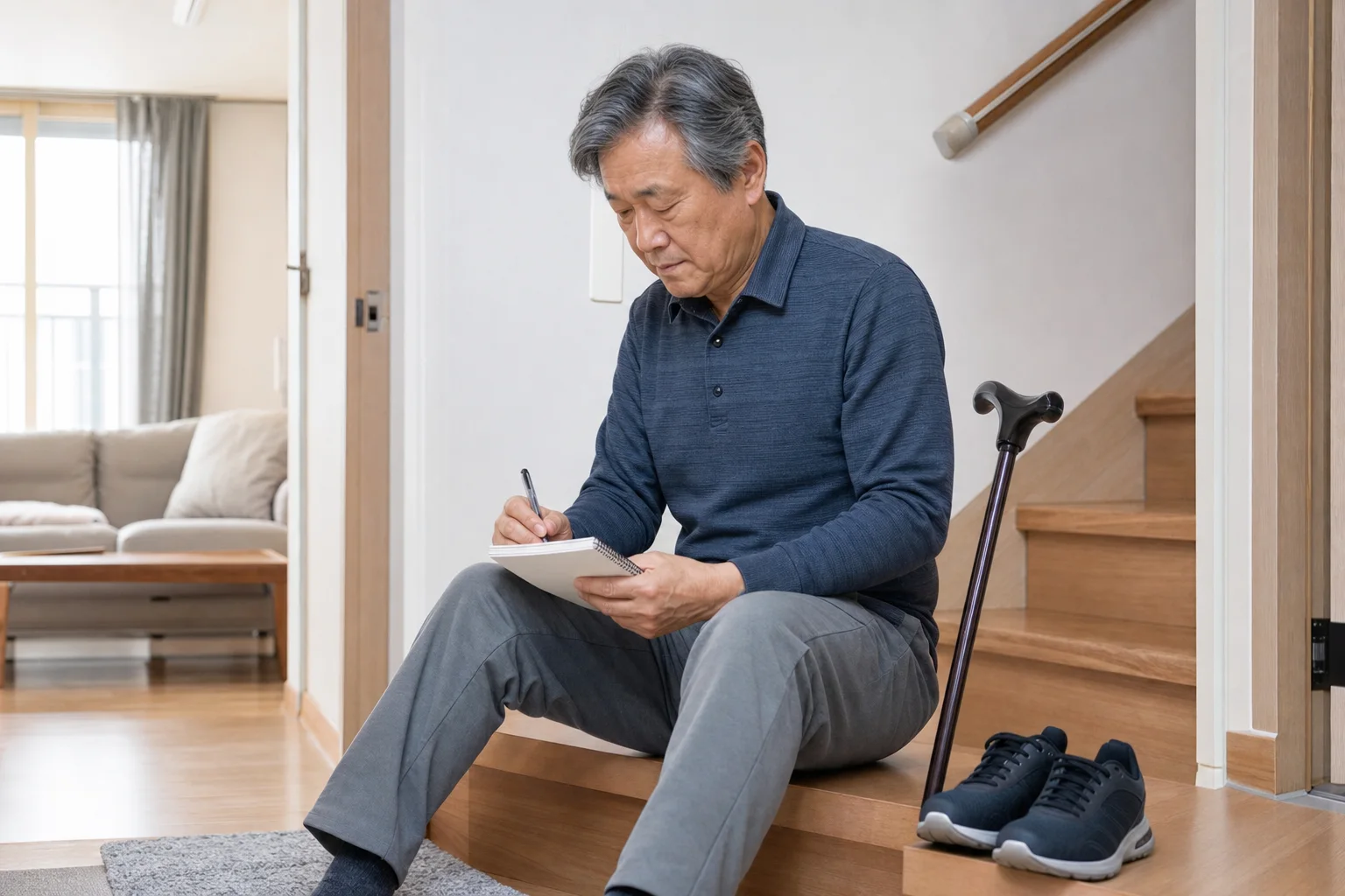 퇴행성 관절염 환자가 집 계단 옆에서 보행 거리와 관절 뻣뻣함을 생활 기록으로 정리하는 장면