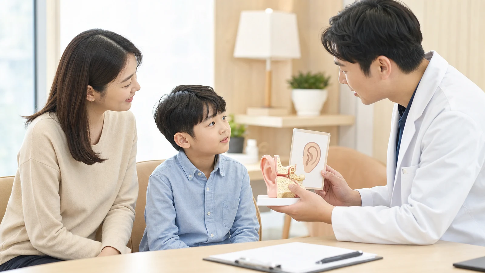 한국인 아이와 보호자가 의료진의 귀 모형 설명을 함께 듣는 소아 중이염 진료 상담 장면