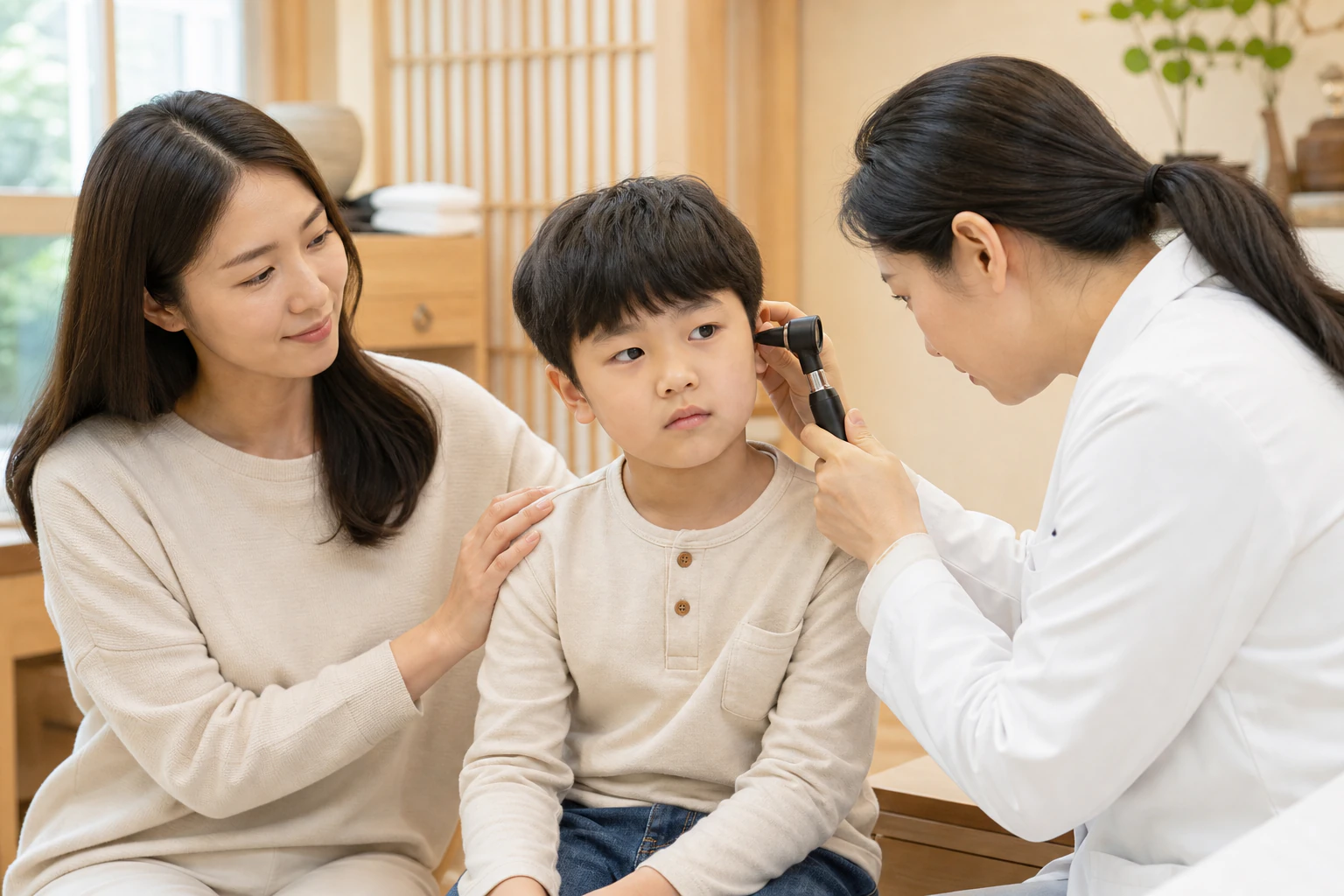 보호자가 곁에서 안심시키는 동안 한의사가 7세 아이의 귀를 살피는 장면