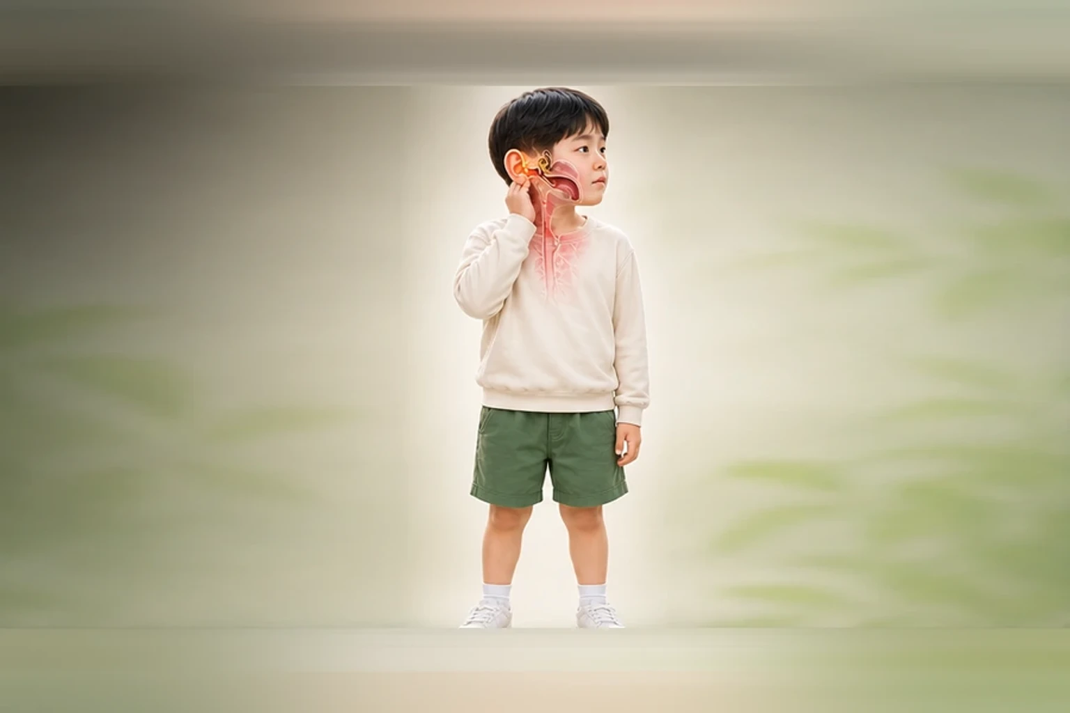 소아중이염과 관련된 신체 부위를 머리부터 발끝까지 온전히 보이는 아이 위에 밝고 친근하게 보여 주는 소아 서양의학 교육 이미지