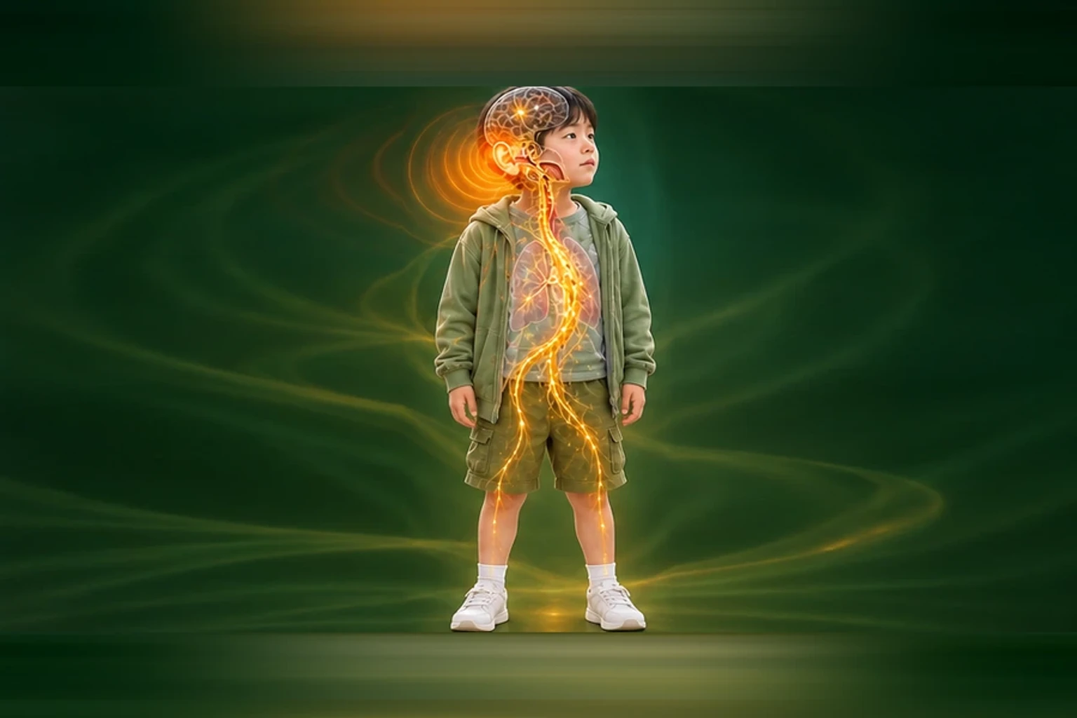 소아중이염 아이의 머리부터 발끝까지 온전한 인체 형태에서 물질·열·신호·구조의 통합 흐름을 선명한 황금빛으로 보여 주는 담적병 골든셋 교육 이미지