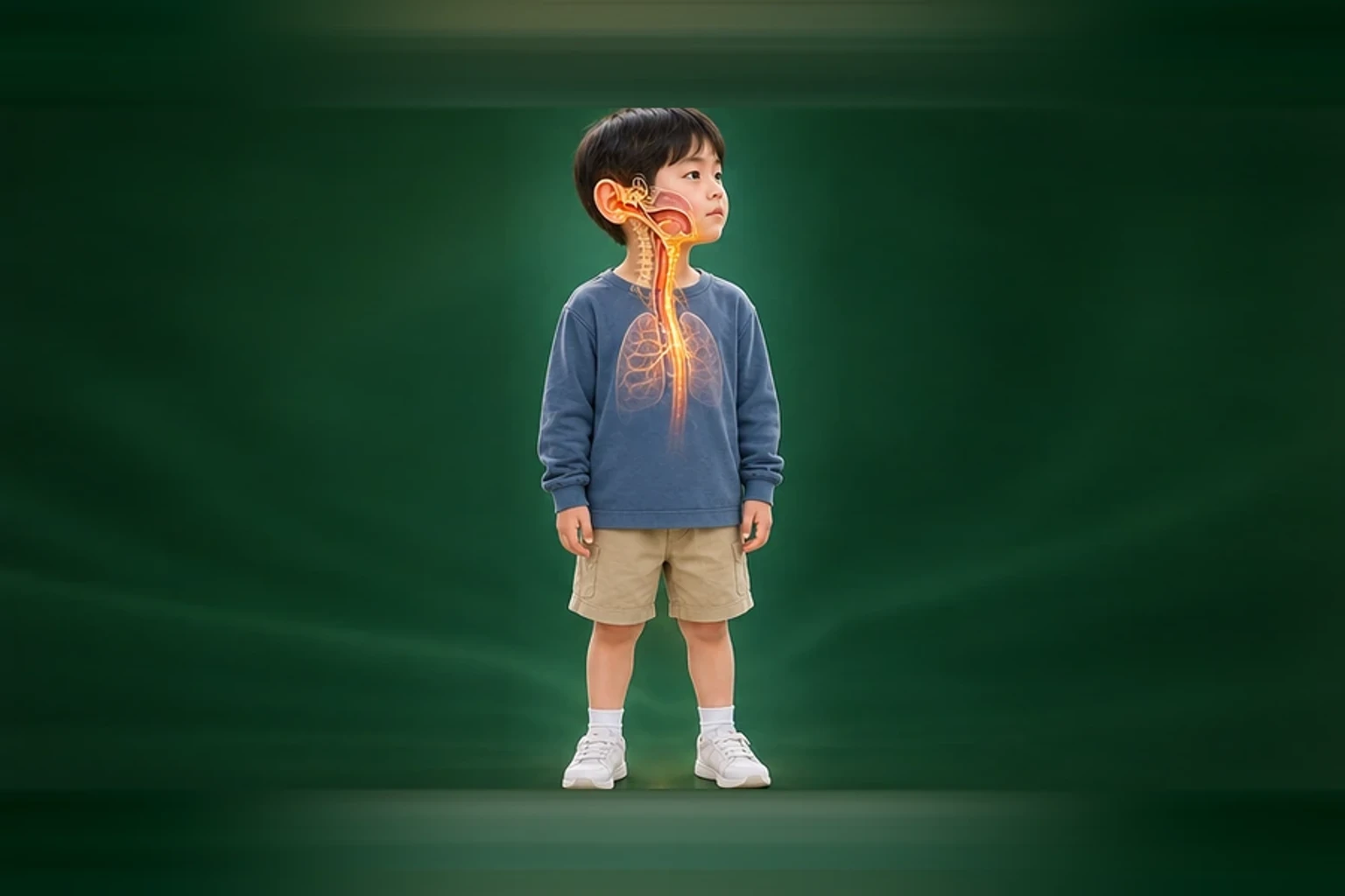 소아중이염 아이의 머리부터 발끝까지 온전한 인체 형태에서 구조의 흐름을 선명한 황금빛으로 보여 주는 담적병 골든셋 교육 이미지