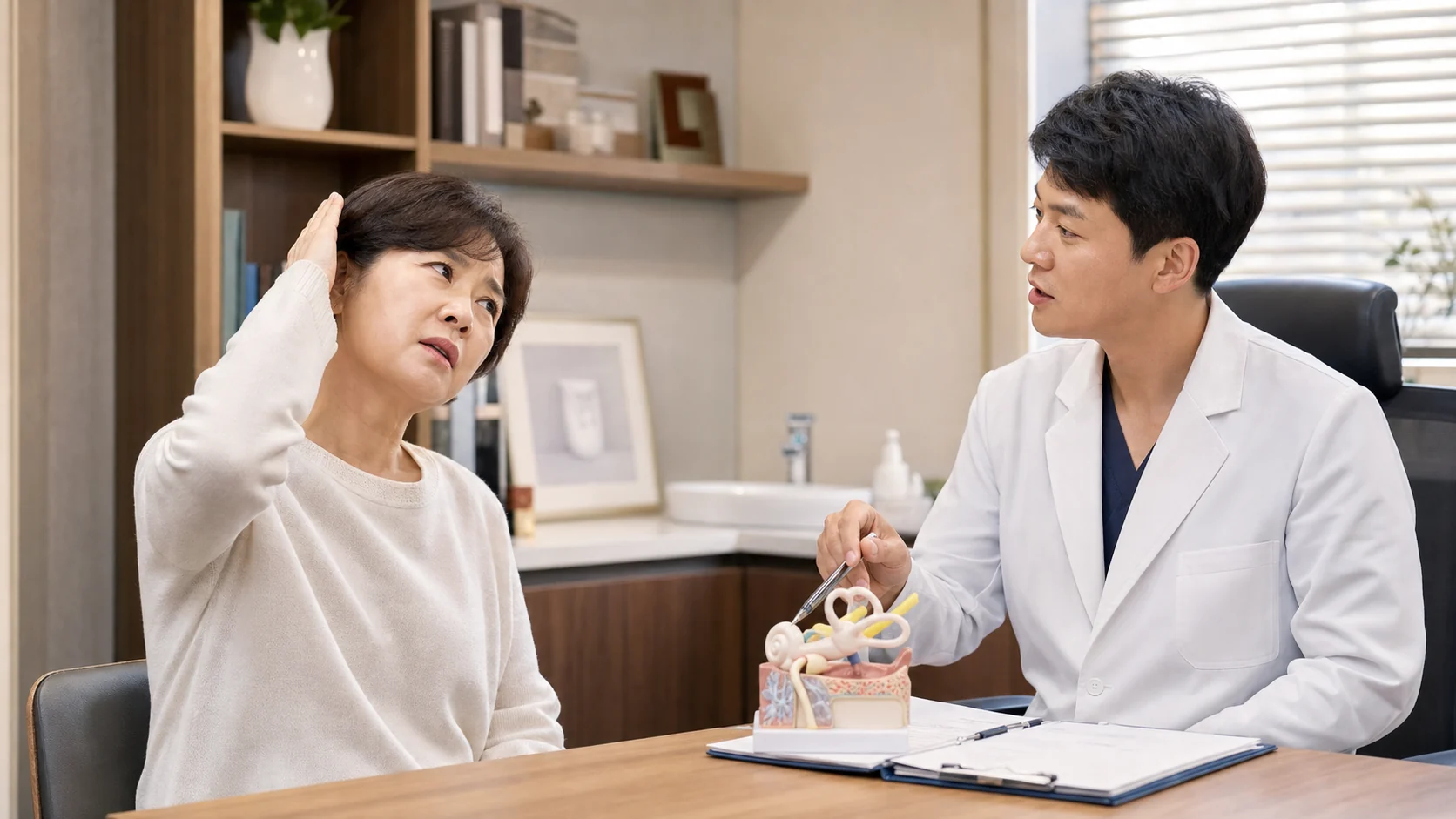 이석증 초진에서 자세 변화 어지럼과 귀 검사 기록을 함께 보며 상담을 시작하는 장면