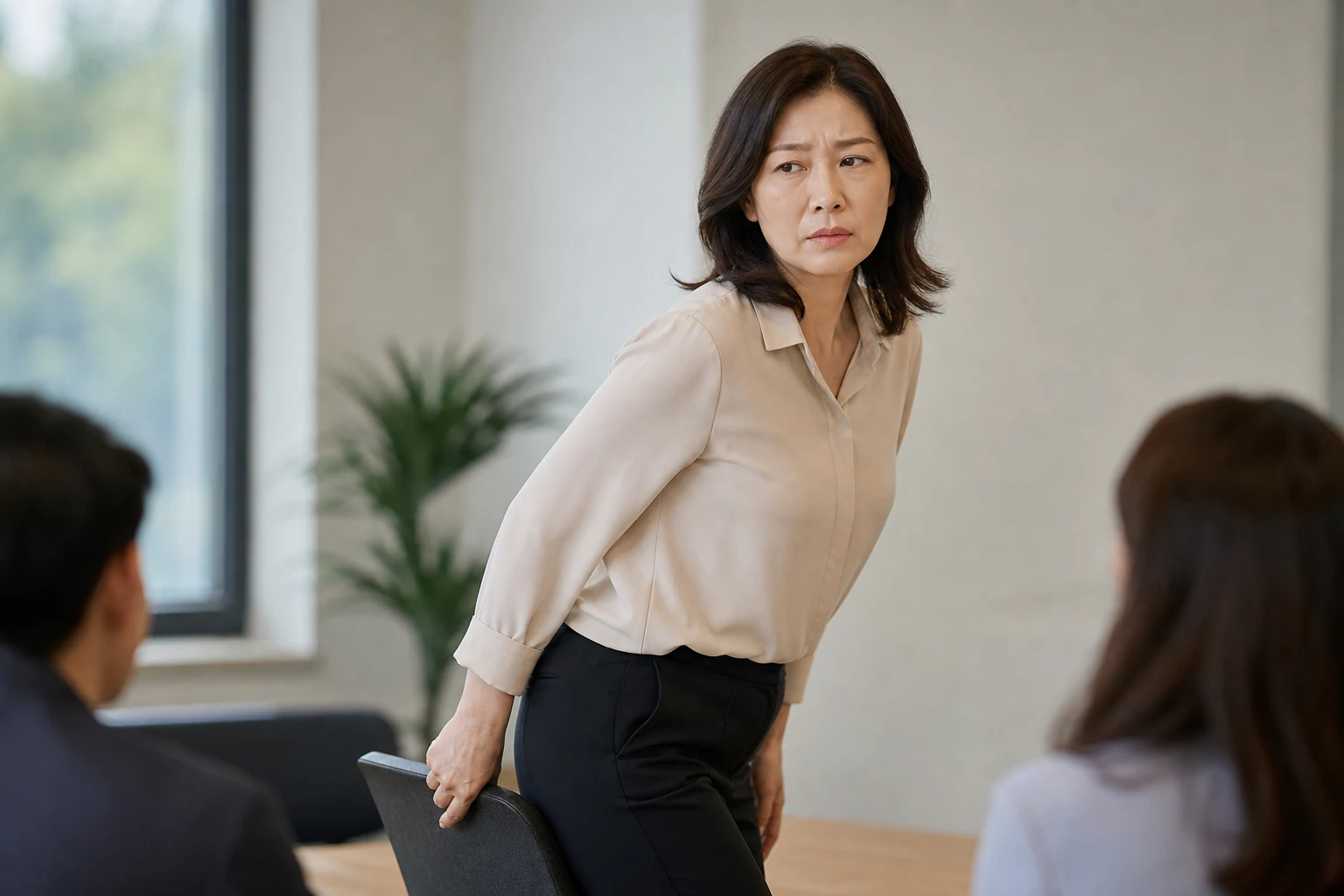 과민성방광의 갑작스러운 절박감 때문에 회의 도중 자리에서 일어나는 환자