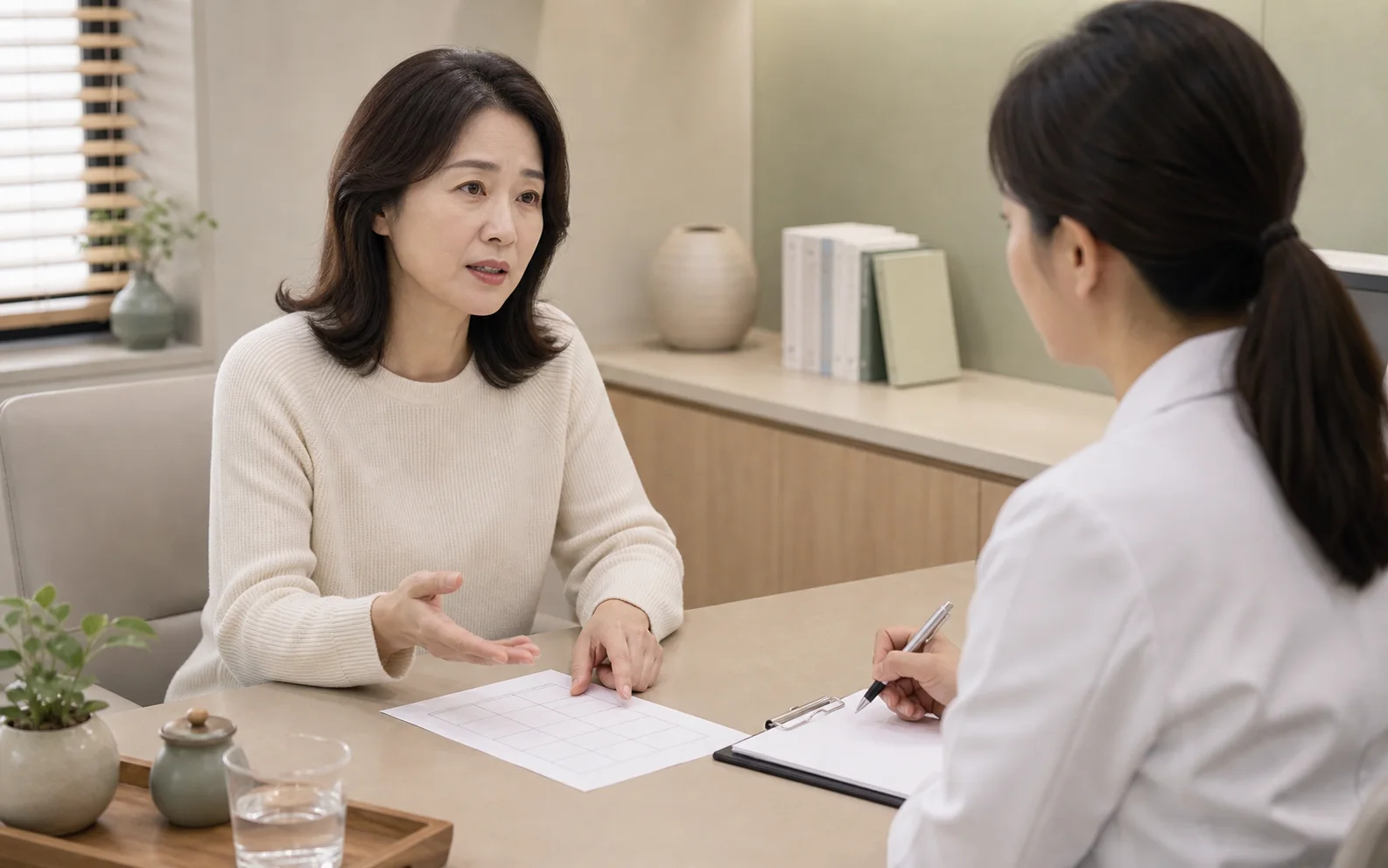 과민성방광 환자가 밝은 진료실에서 절박뇨와 야간뇨 상담을 시작하는 장면