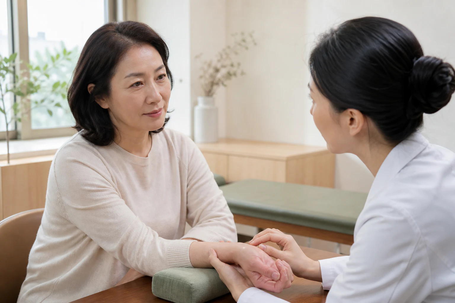 의료진이 환자의 손목 맥을 짚으며 배뇨·수면 상태를 묻는 진찰 장면