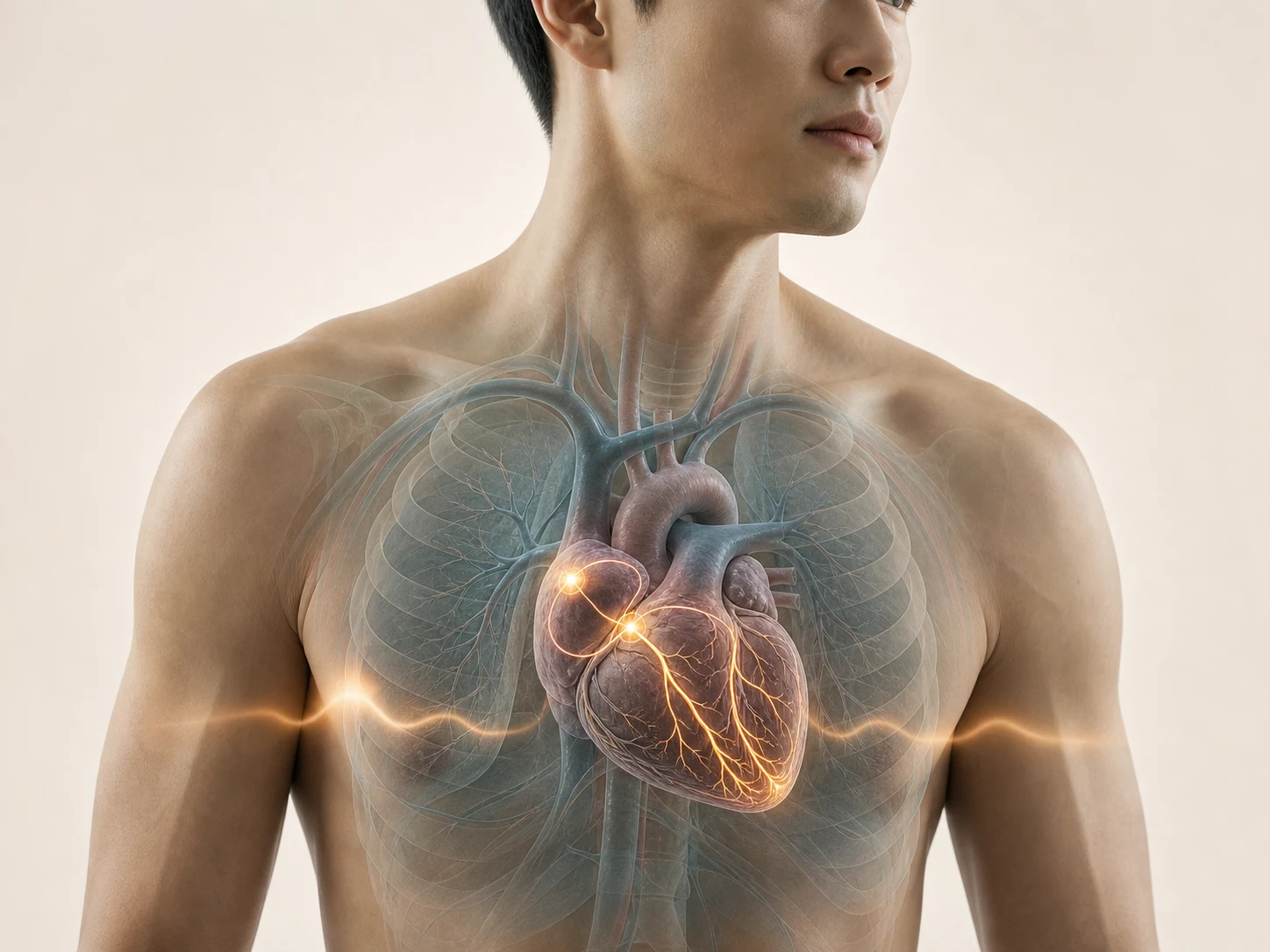 한 인체의 심장 안에서 동방결절부터 심실까지 전기 신호가 이어지고 한 번의 리듬 변화가 나타나는 심계항진 의학 기전 이미지