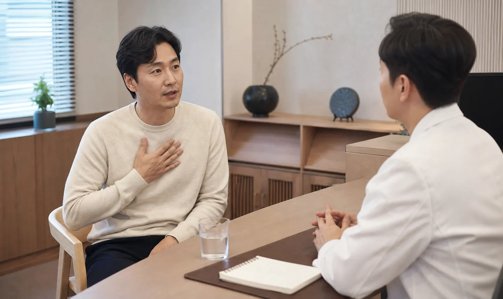공황장애 환자가 두근거림과 숨 막힘 기록을 들고 상담받는 모던 클리닉 진료실 장면