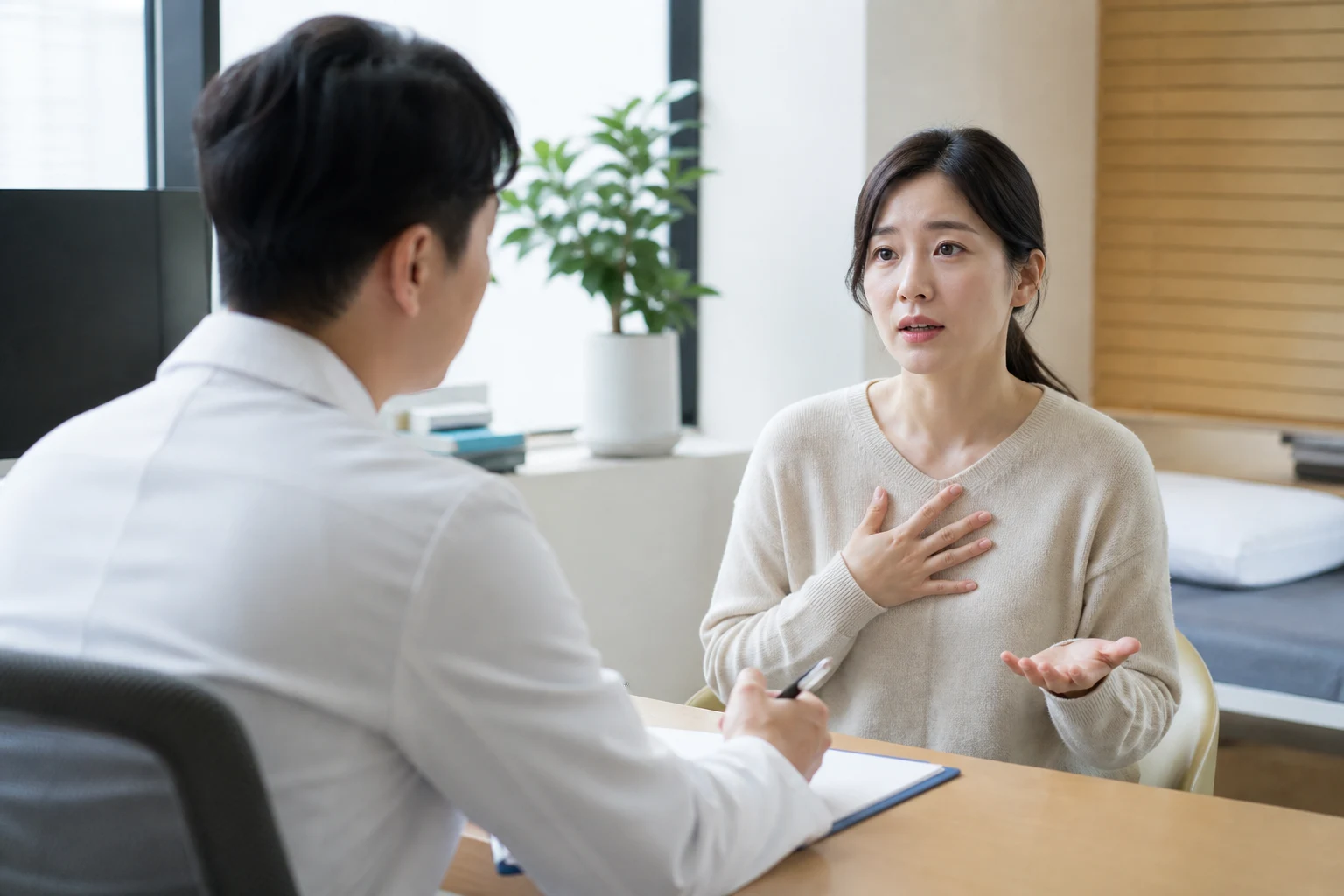 공황장애로 겪는 불편을 상담하는 환자와 의료진