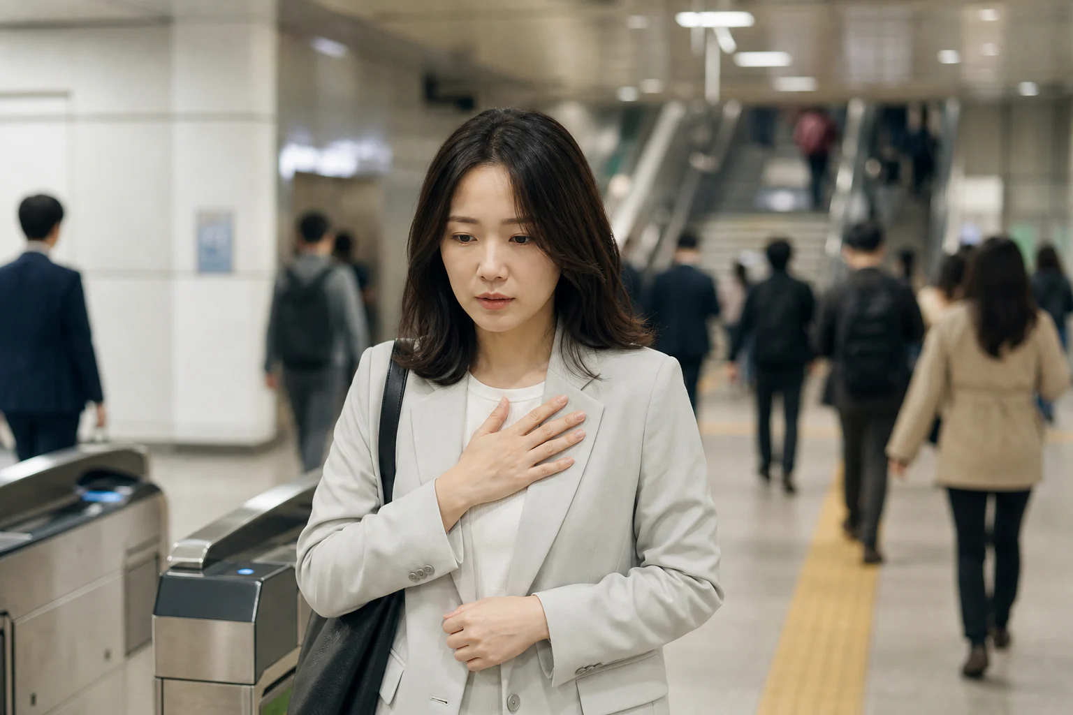 역 개찰구 옆에서 가슴에 손을 얹고 서 있는 여성