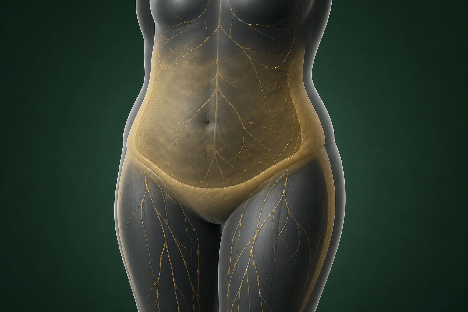 노출 장기 없이 복부·허벅지의 지방·수분·근육 분포를 금빛 흐름으로 보여 주는 반투명 인체