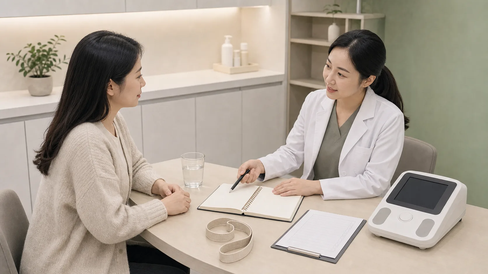국내 한의원 상담실에서 한국인 환자와 의료진이 생활 기록과 체성분 확인 기준을 나누는 장면