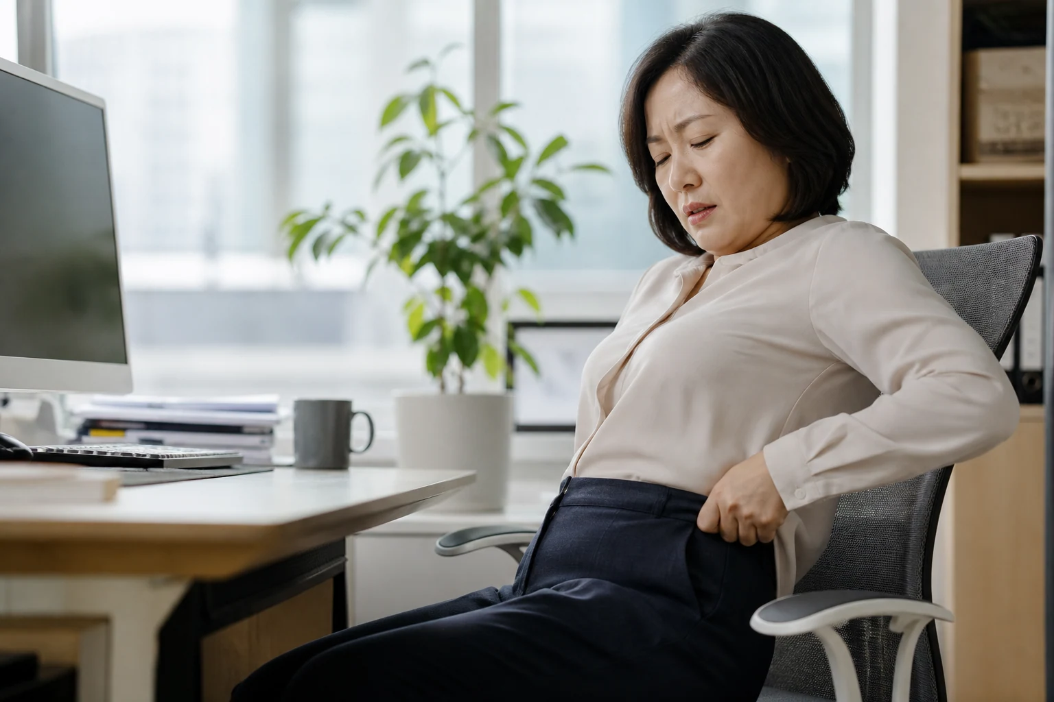 책상 앞에 앉아 바지 허리밴드가 조이는 부분을 잡는 모습