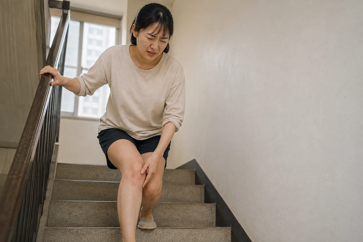 계단을 내려가다 슬개골 바로 아래가 아파 멈춰 서서 무릎 앞을 누르는 한국인 성인