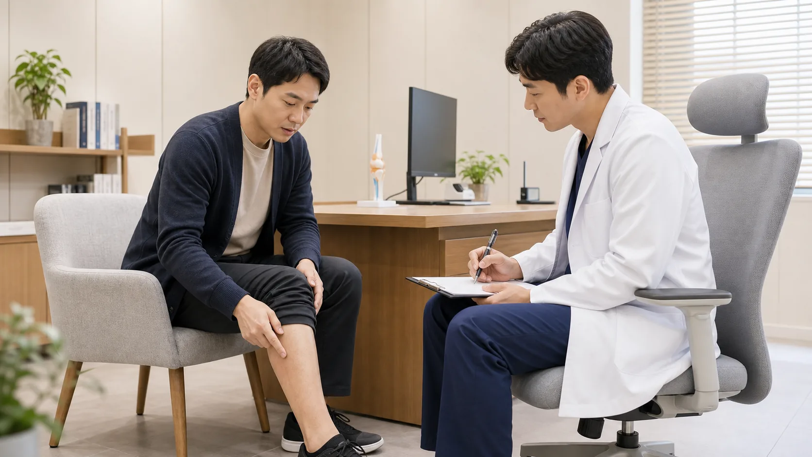 한국인 슬개대퇴통증증후군 환자가 국내 한의원 상담 공간에서 무릎 앞쪽 통증 부위를 의료진에게 설명하는 장면